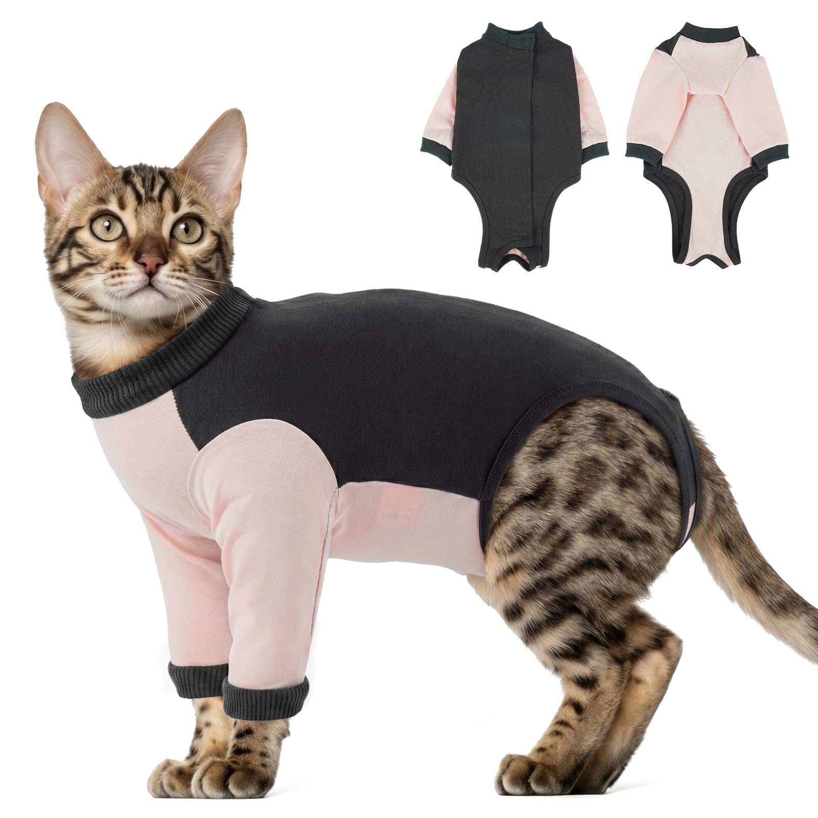 Combinaison Chat après Chirurgie Coton, Body Chat Anti Léchage Doux et Élastique, Vêtement de Protection Plaies Abdominales avec Manches Longues, Fermeture Scratch Facile à Enfiler, Rose poudré XL