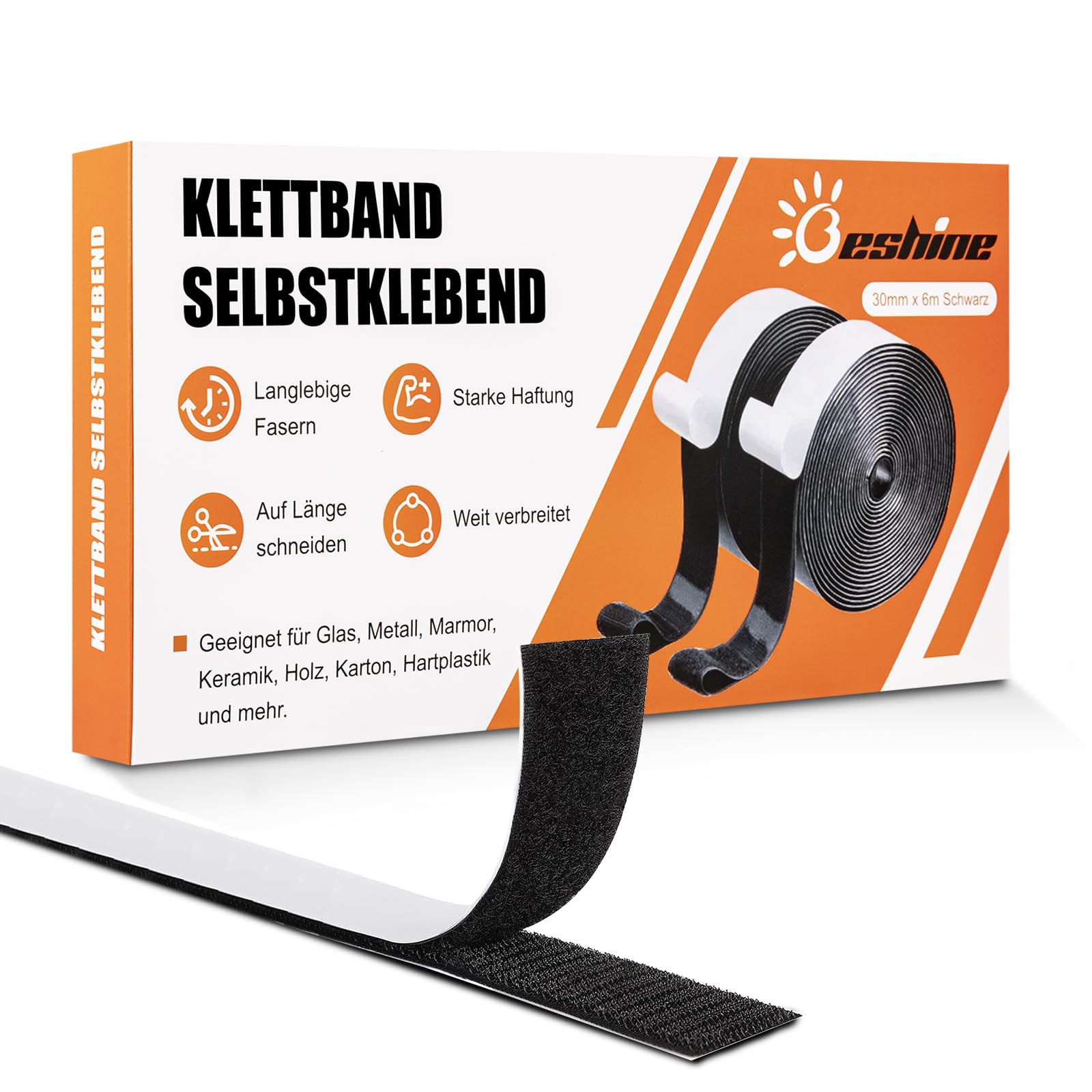 Beshine Klettband selbstklebend, 30mm x 6m Premiumqualität Doppelseitiges Klebeband mit Klettverschluss Selbstklebend und Hakenband(Schwarz)