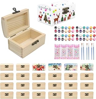 24 Pcs Wooden Boxes for Crafts, Unfinished Unpainted Wood Box with 12 Color Paints and Diamond Stickers DIY Treasure Chest Box Small Wooden Box for Arts Party Favors Jewelry Storage Christmas Gift