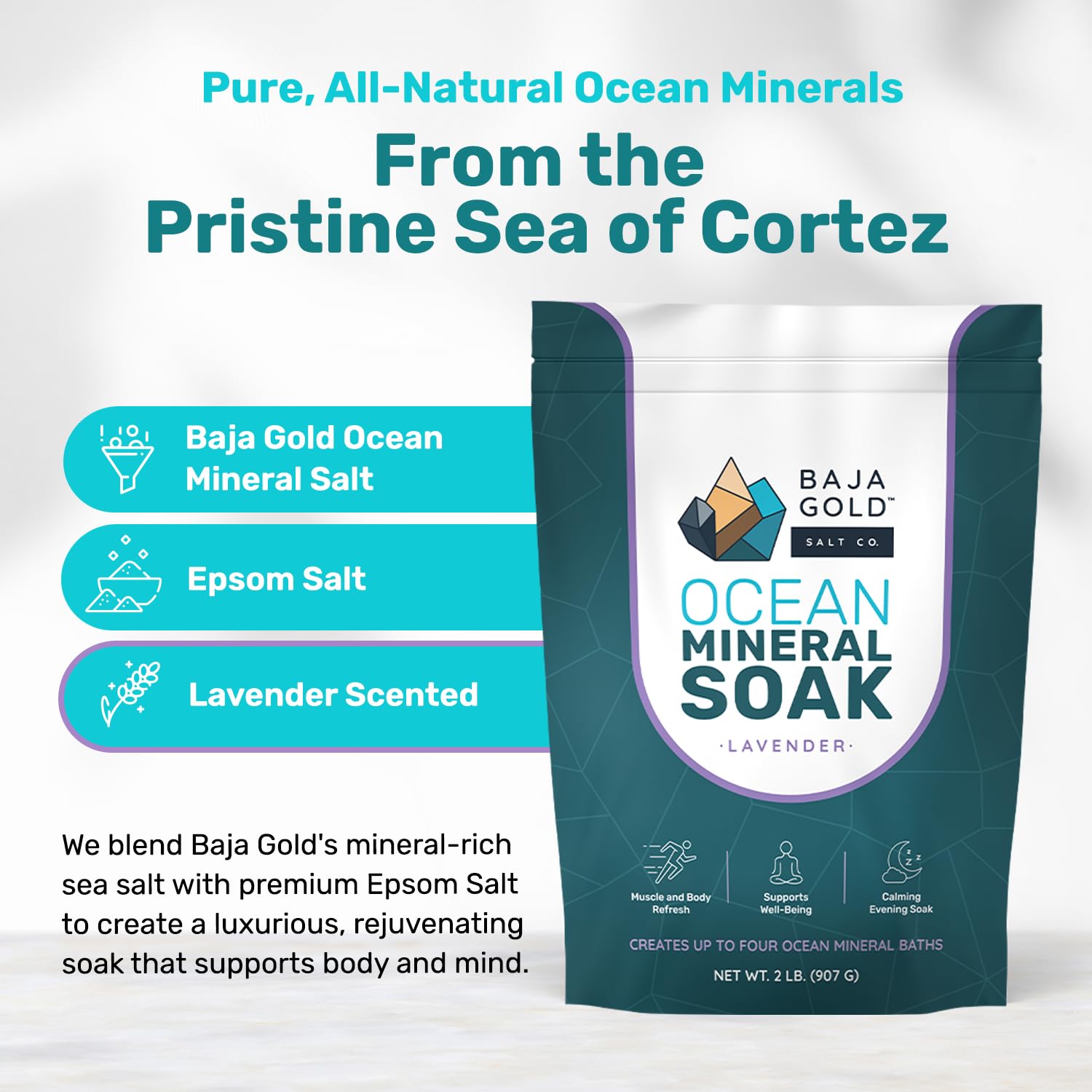 Baja Gold Ocean Mineral Soak, magnesio bagno ammollo, lavanda, sacco da 0,9 kg | Magnesio naturale e oligoelementi oceanici per bagno e relax, vegano, ingredienti puliti, opzioni multiple di profumo