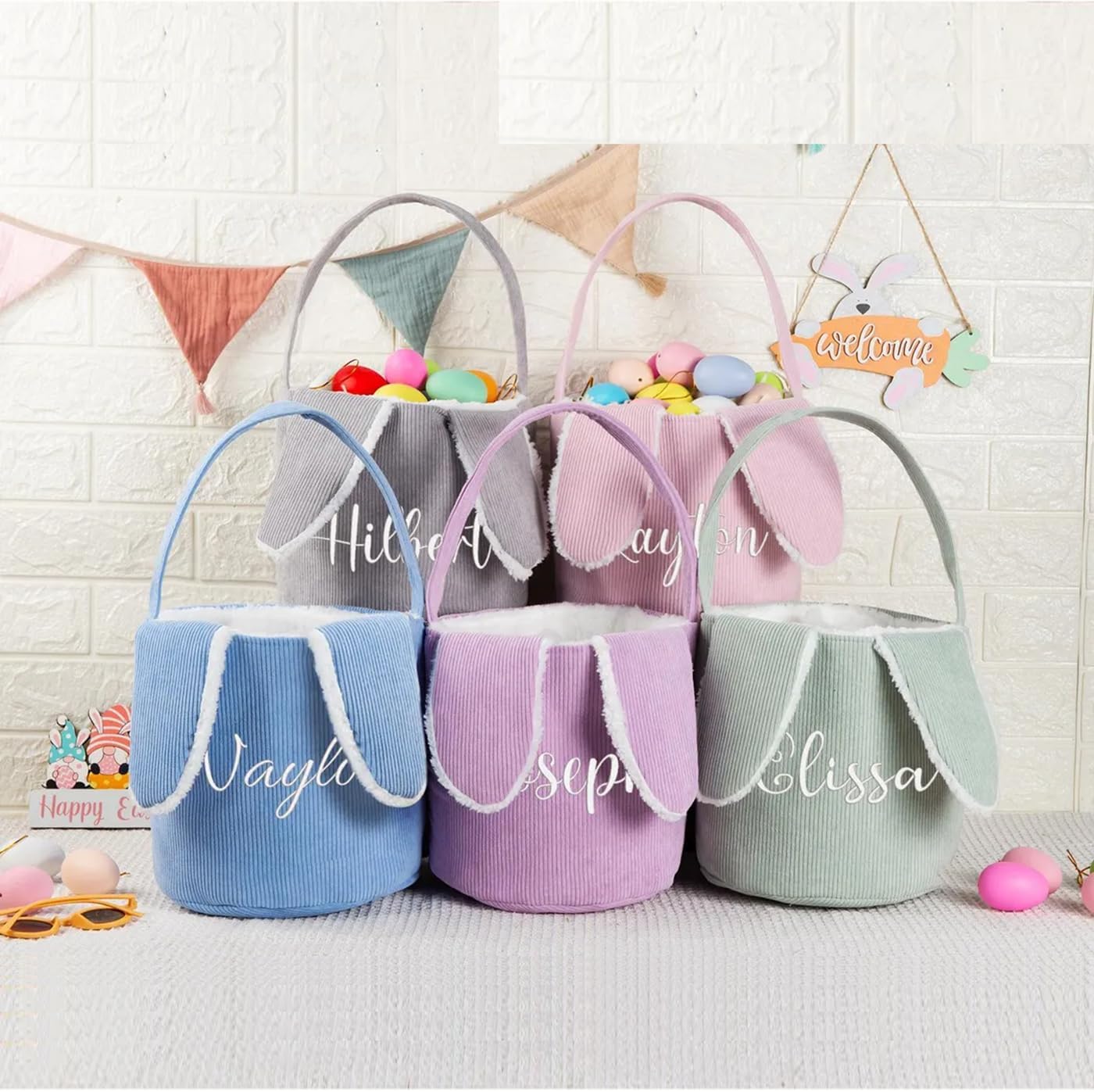 Easter dates Personalized Embroidered English Name Storage Basket, Corduroy Droopy-Eared Rabbit Handle Easter Storage Basket