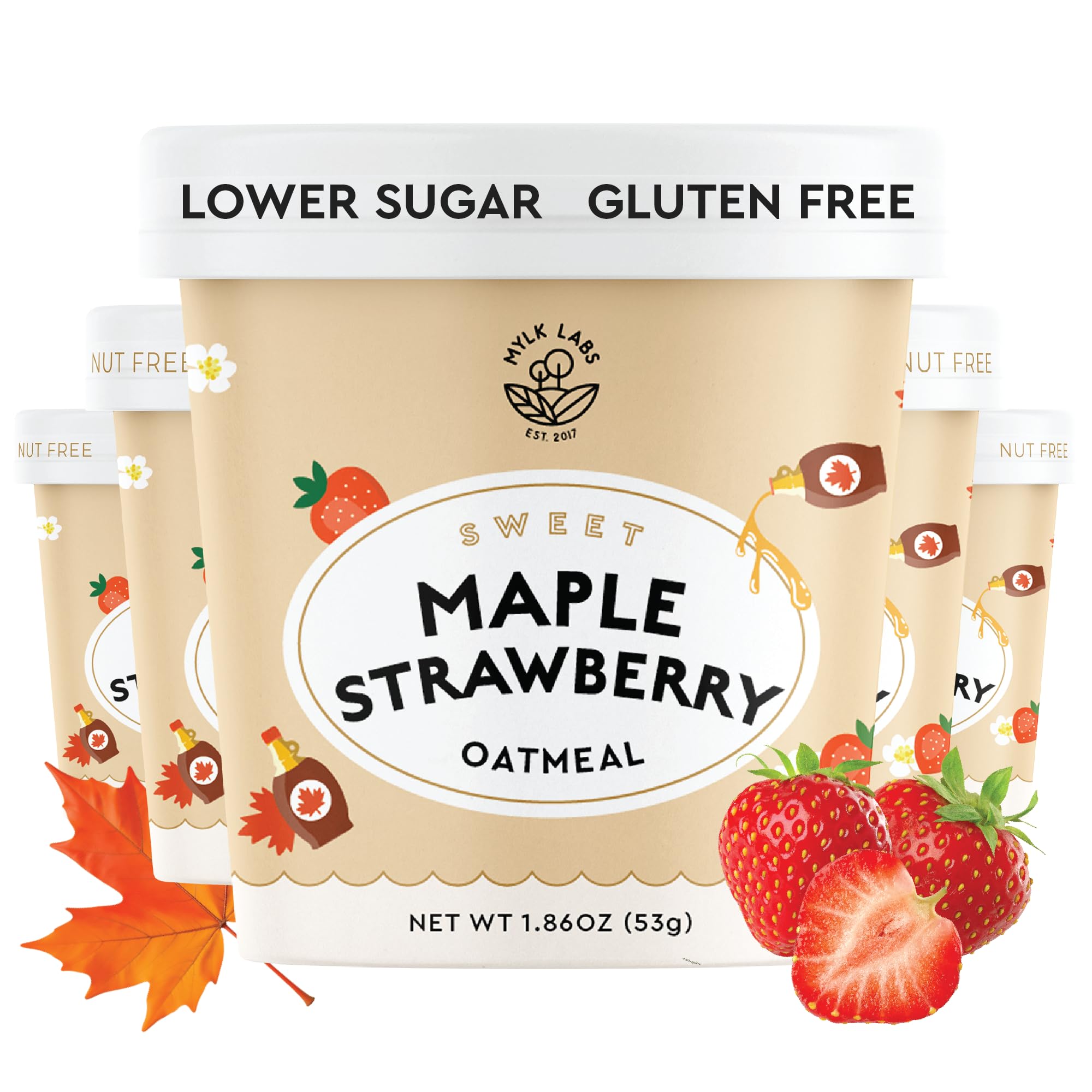 Mylk Labs Maple Strawberry Protein Oatmeal Cups, Whole Grain, Low Sugar, High Fiber Breakfast with Superfoods, Quick & Easy, On the Go, Instant Oatmeal, Rolled Oats, Gluten Free, Vegan, Nut Free, 6 Pack