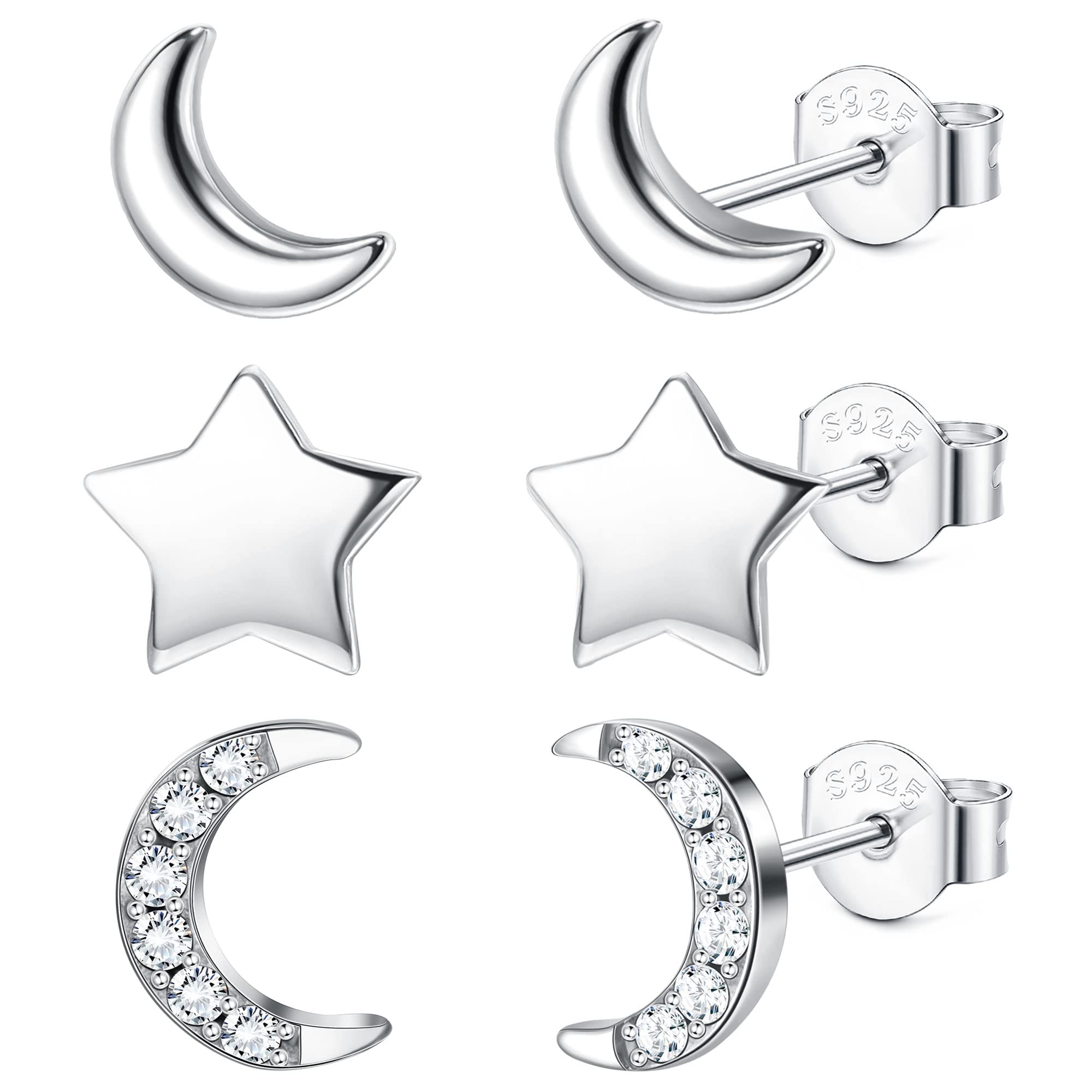 3 Pairs 925  Sterling   Silver  Tiny/Small Stud  Earrings  for Women Girls Cute Stud  Earrings  Sets  Star  Moon  Cubic   Zirconia  Stud  Earrings  for Women Girls