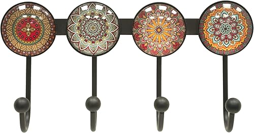 Miniatura 6 de Perchero montado en la pared con 4 ganchos, ganchos decorativos redondos de pared con patrón marrón para colgar sombrero, llave, toalla, bolso,