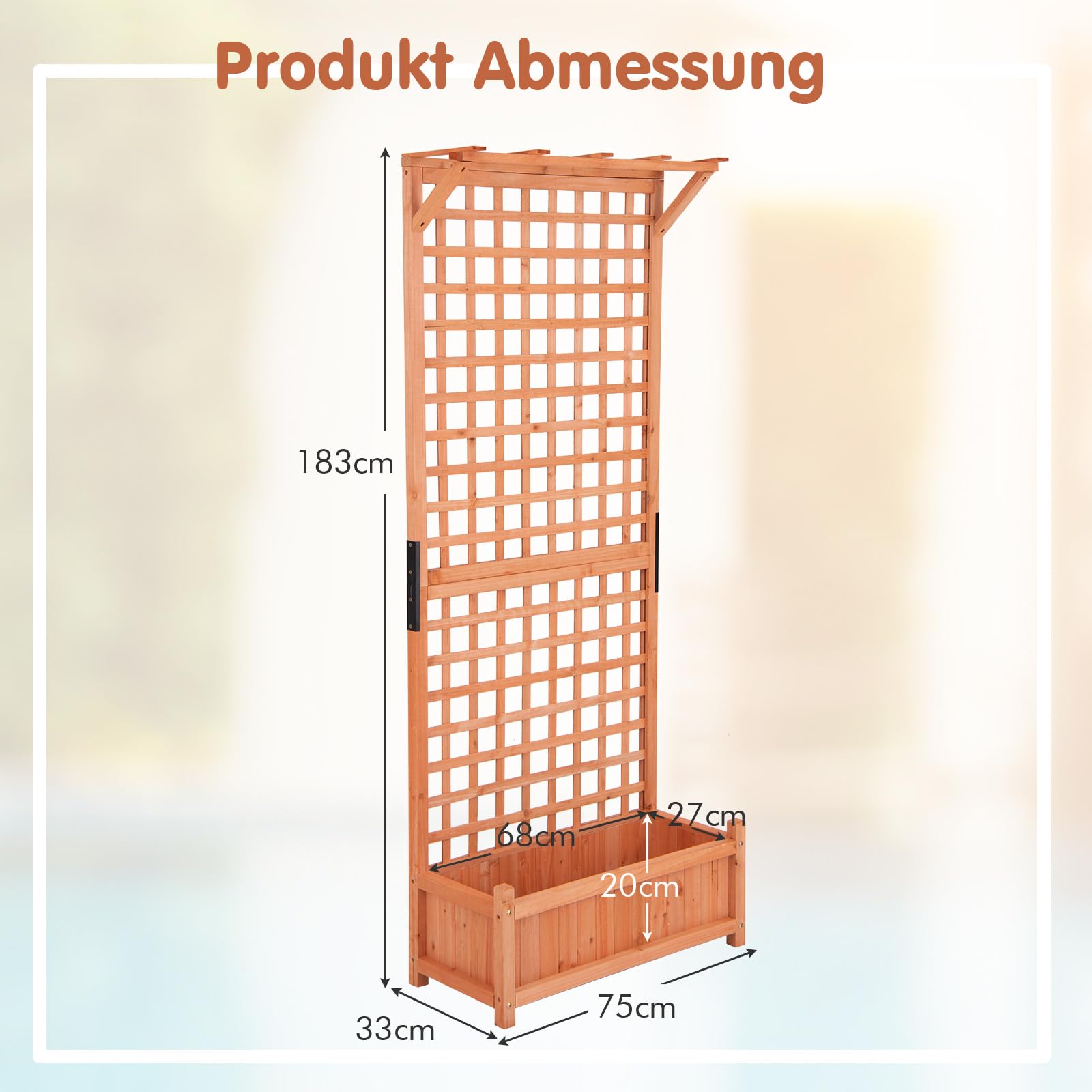 GOPLUS Blumenkasten mit Rankgitter, Pflanzkasten Holz mit Dach & Sichtschutz, Hochbeet mit Spalier für Kletterpflanzen, Gartenbeet mit Drainagelöchern, Pflanzkübel für Balkon & Garten, 75x33x183 cm