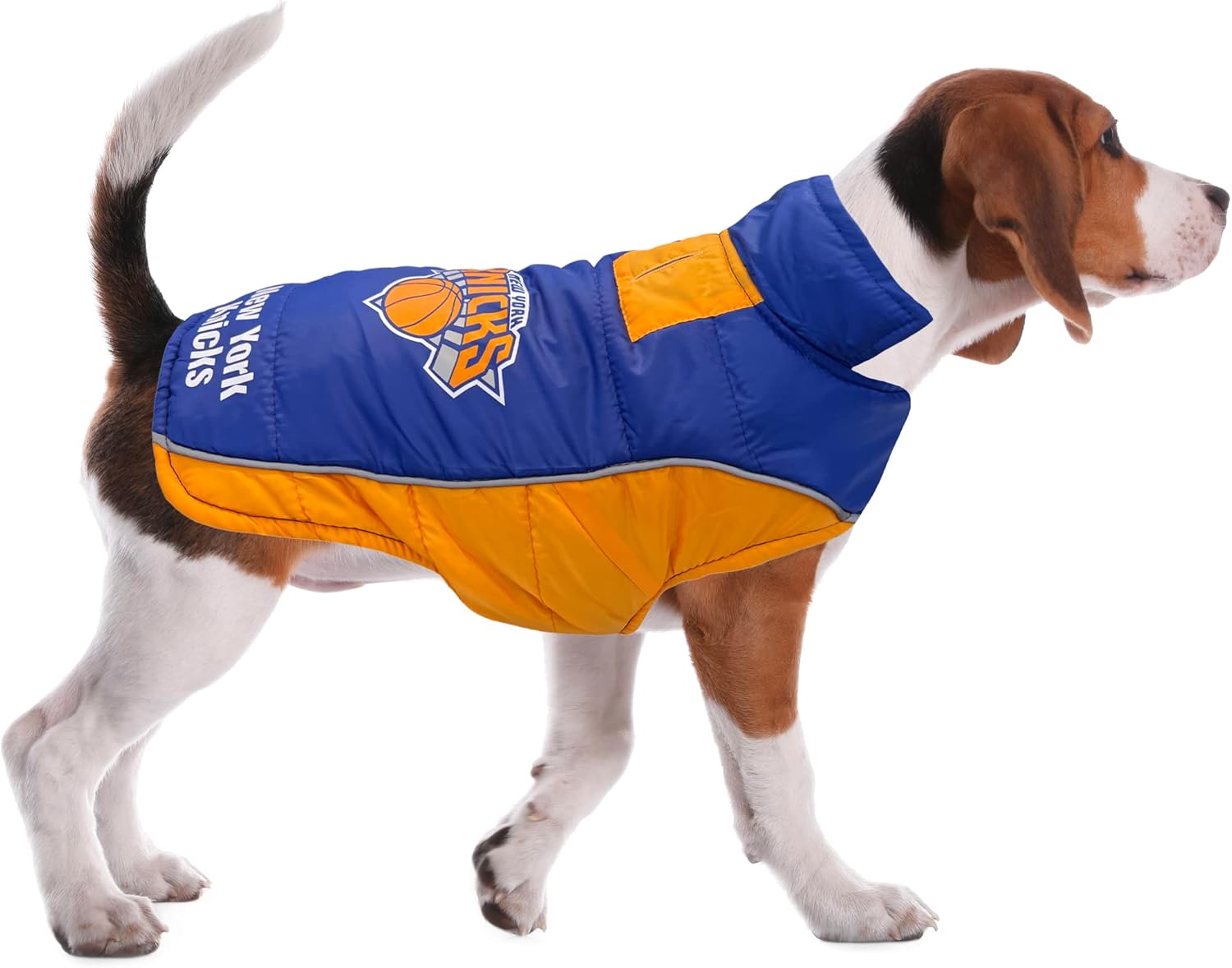 NBA New York Knicks Puffer Vest for Dogs & Cats, Size Medium. Warm, Cozy, and Waterproof Dog Coat, for Small and Large Dogs/Cats. Best NBA Licensed PET Warming Sports Jacket