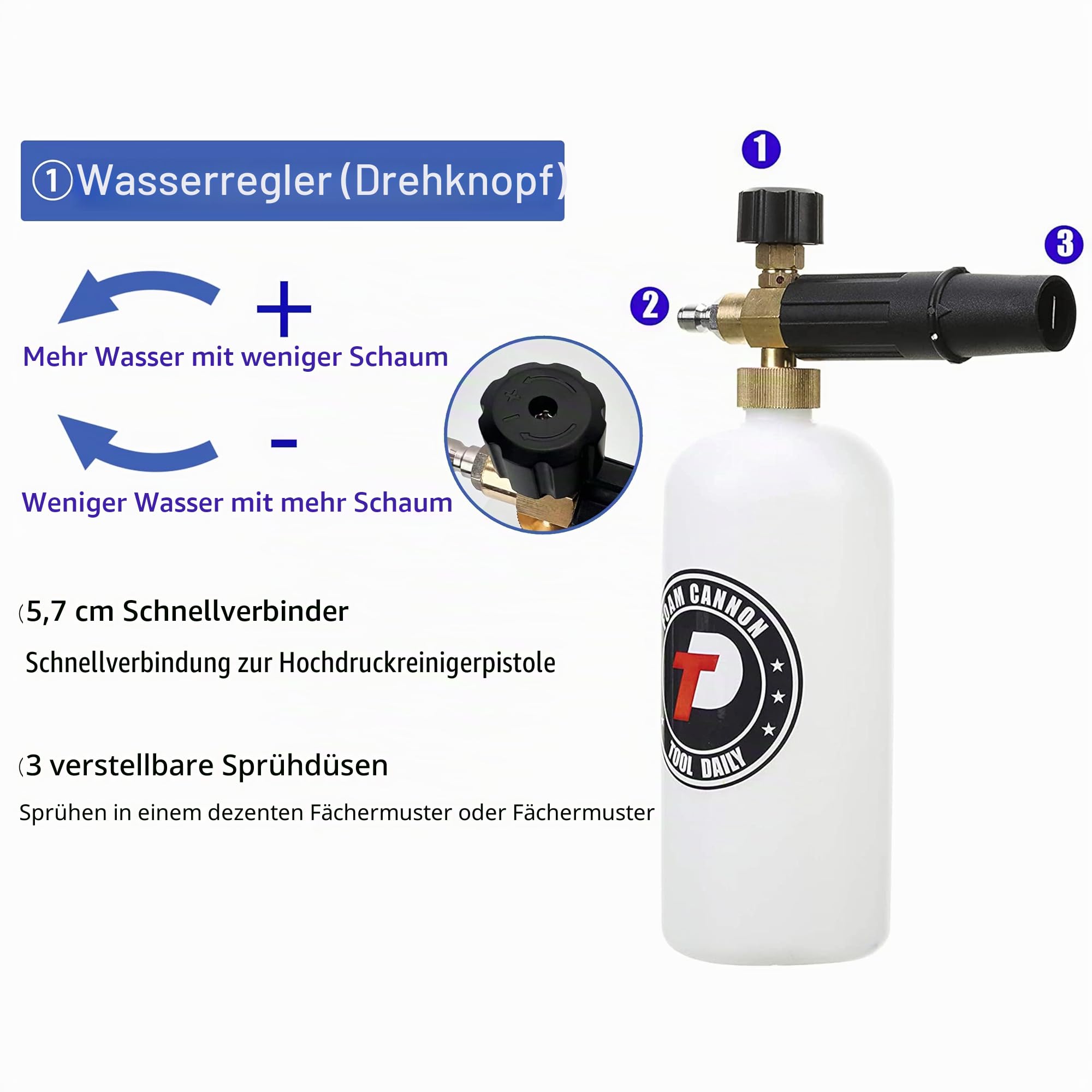 Tool Daily Schaumkanone für Hochdruckreiniger mit 1/4 Zoll Schnellkupplung, 1L Kanone & 5 Düsen