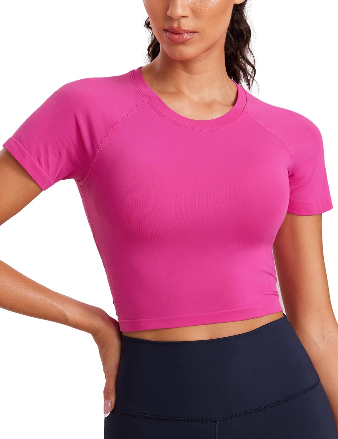 CRZ YOGA Seamless Crop Workout Tops for Women - Athletic Running Gym Yoga Short Sleeve Shirts Basic