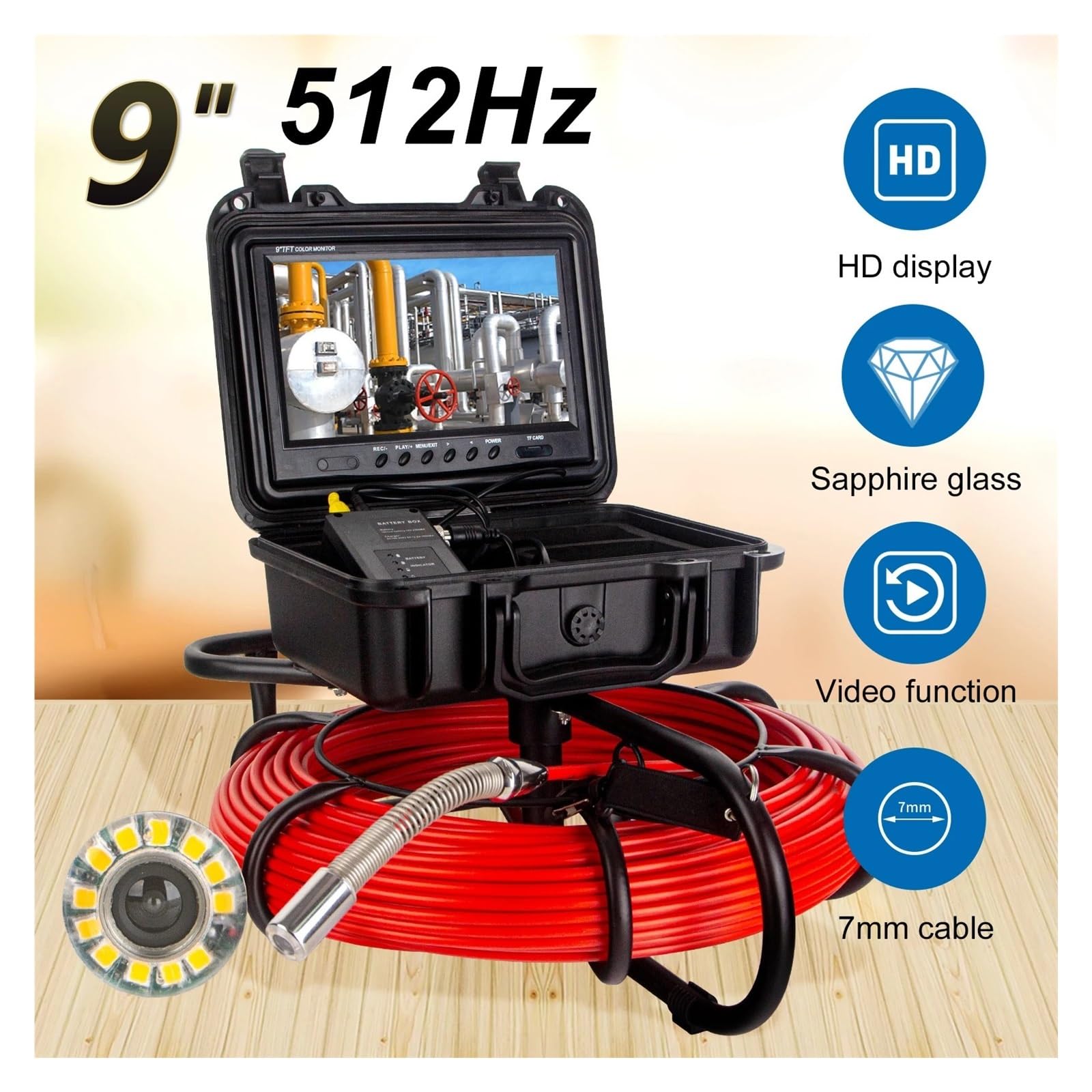 Kamera Drenażowa Kamera Inspekcyjna Rur 512Hz Sonda/nadajnik + Samopoziomowanie, 9-calowy Ekran HD1080P, Kanał Ściekowy, Endoskop Przemysłowy(20m,DVR Video WIFI)