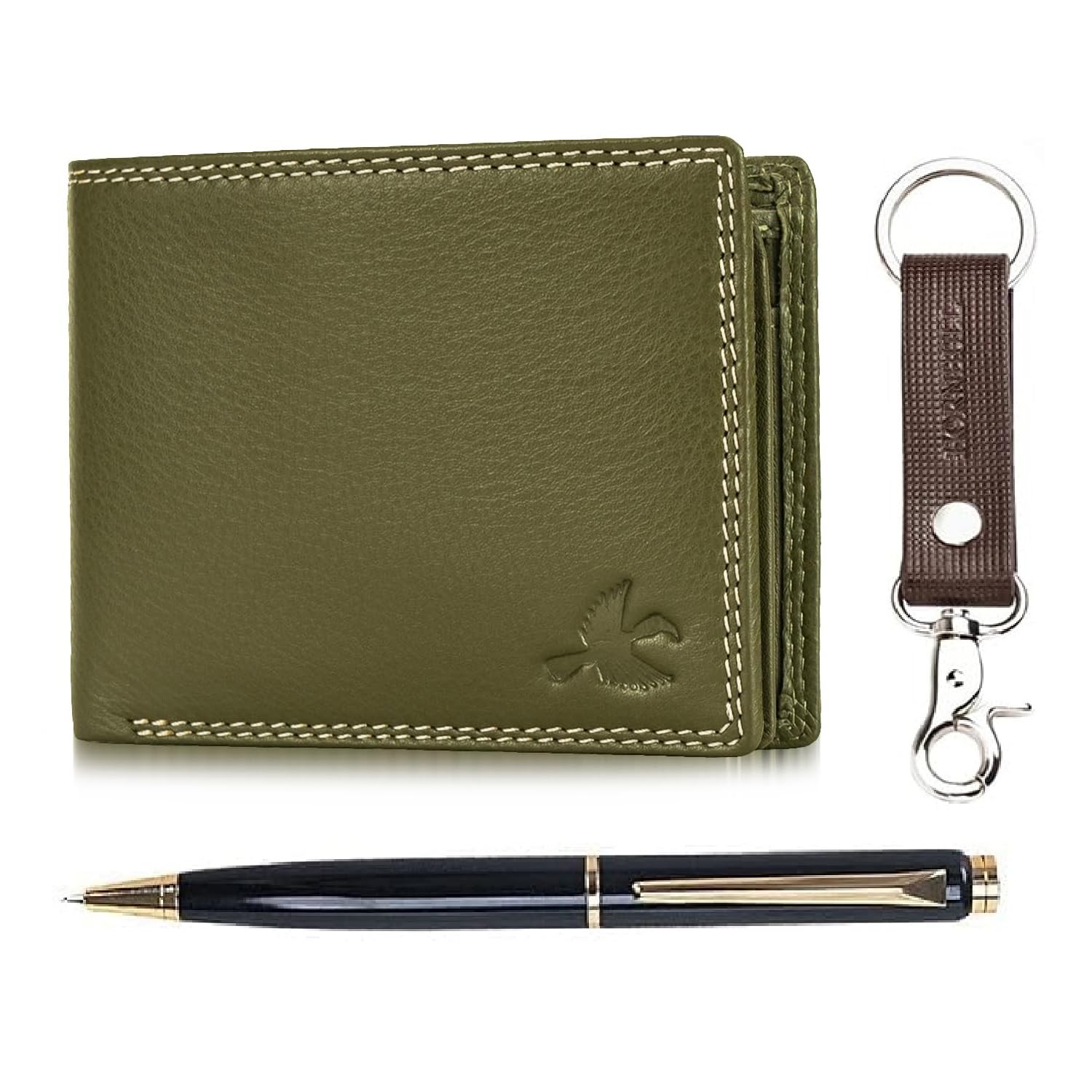 HORNBULL Stella Olive Leather Wallets for Men, Keyring & Pen Combo Gift Set for Men | Wallet Men Leather Branded