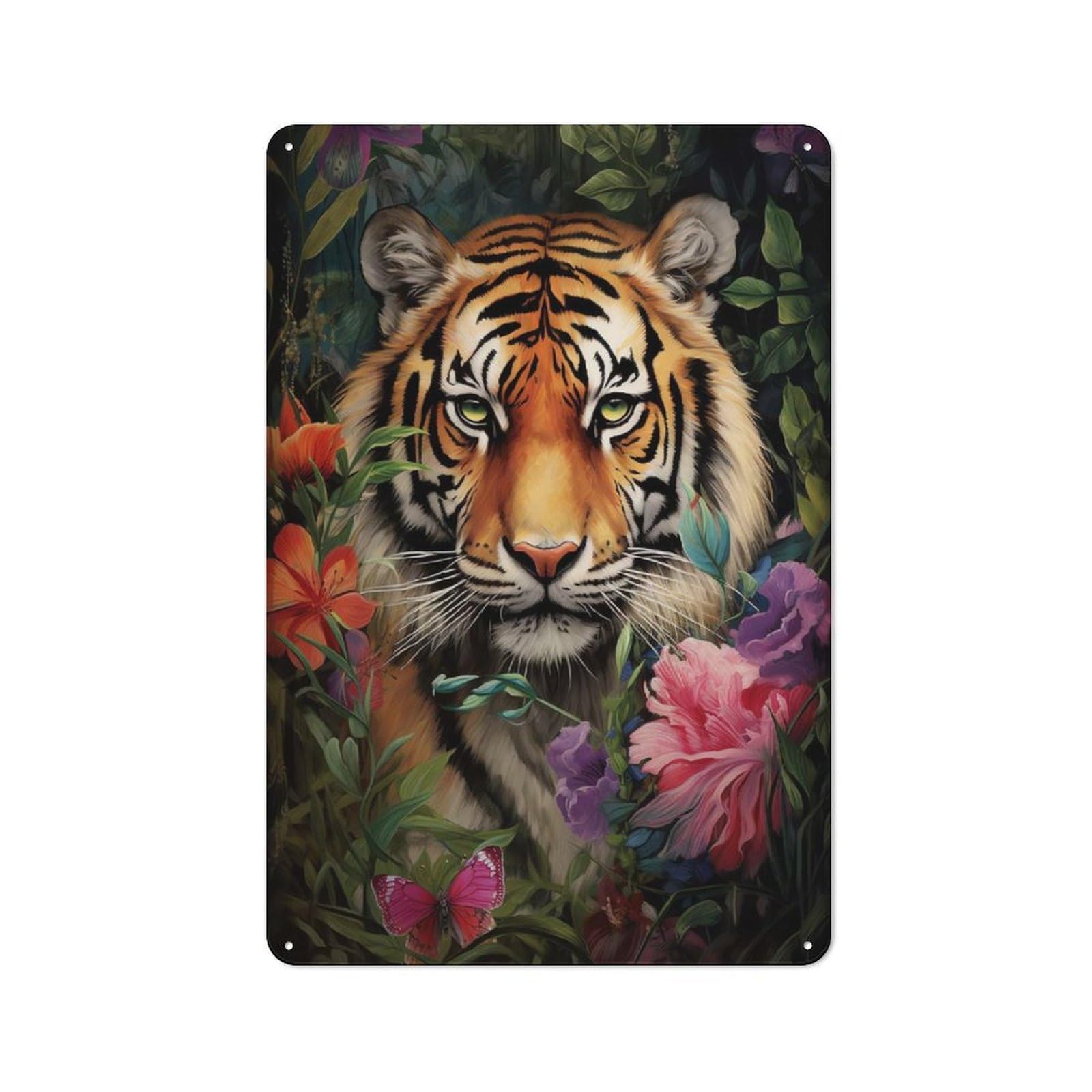 Kitchen Metal Sign with Bengal Tiger Exotic Flower Design 30x20cm, Cosy Kitchen Wall Decor for Coffee Bar, Kitchen, Bistro Or Tea Corner
