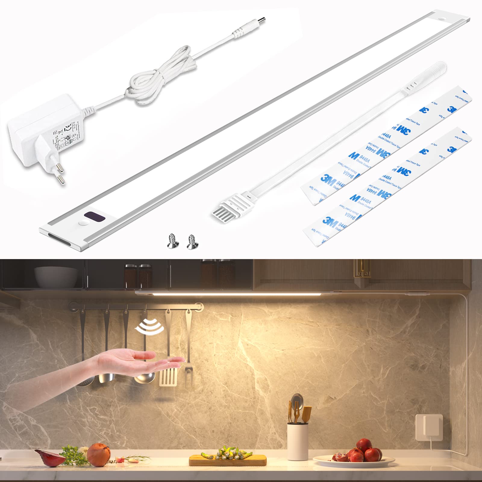 WOBSIONUnder Cabinet Kitchen Lights with Non-Contact Sensor, 42CM Kitchen Under Cupboard Lighting Natural White 4000K, Light Strip for Cabinet Lighting, Shelf Lighting, Wardrobe Lighting