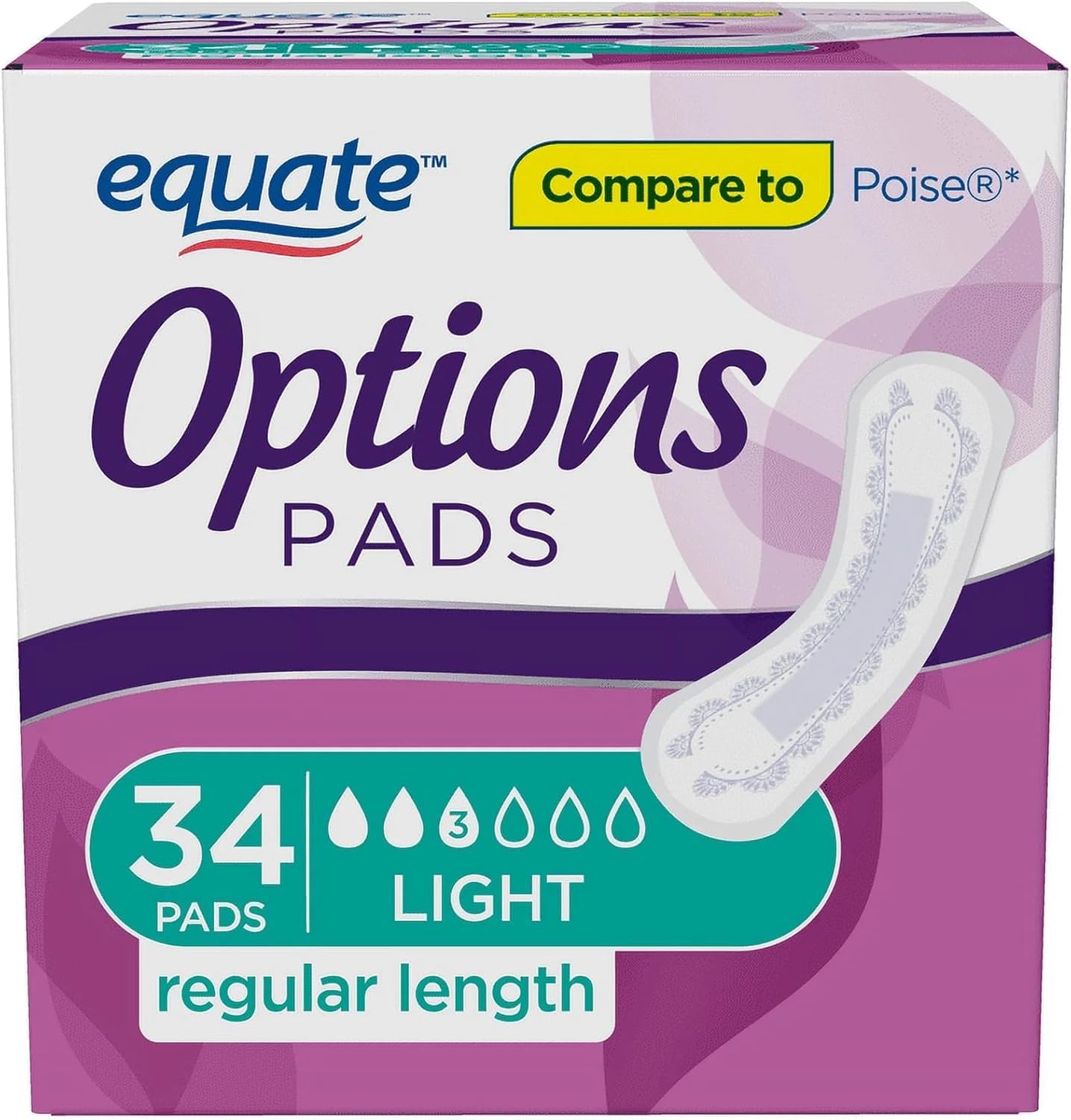 Equate Options Incontinence Pads for Women, Light Absorbency, Regular Length (Pack 1 of 34 Count)