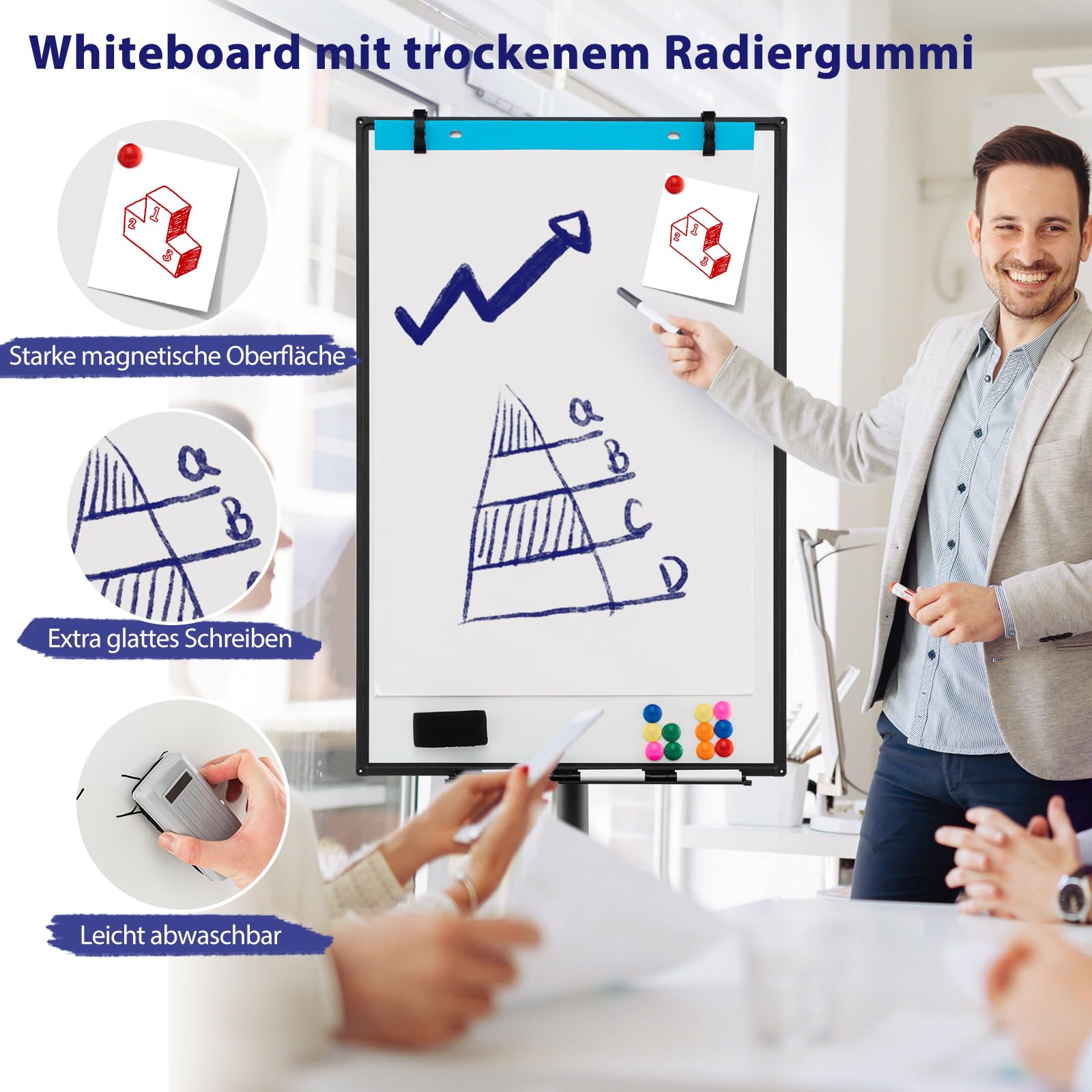 GOPLUS Flipchart Ständer, 100 x 65cm mobiles Whiteboard auf Rollen, Trocken asbwischbar, Flipcharts Whiteboard höhenverstellbar mit Rundfuß, Haken, Marker, Magneten, Papier, Radiergummi (Schwarz)