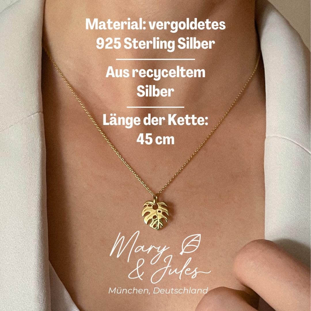 Mary & Jules Halskette Damen Monstera aus recyceltem 925 Sterling Silber - Kette Damen mit Blatt Anhänger, für Frauen & Mädchen, eleganter, alltagstauglicher Schmuck, trendige Geschenkidee