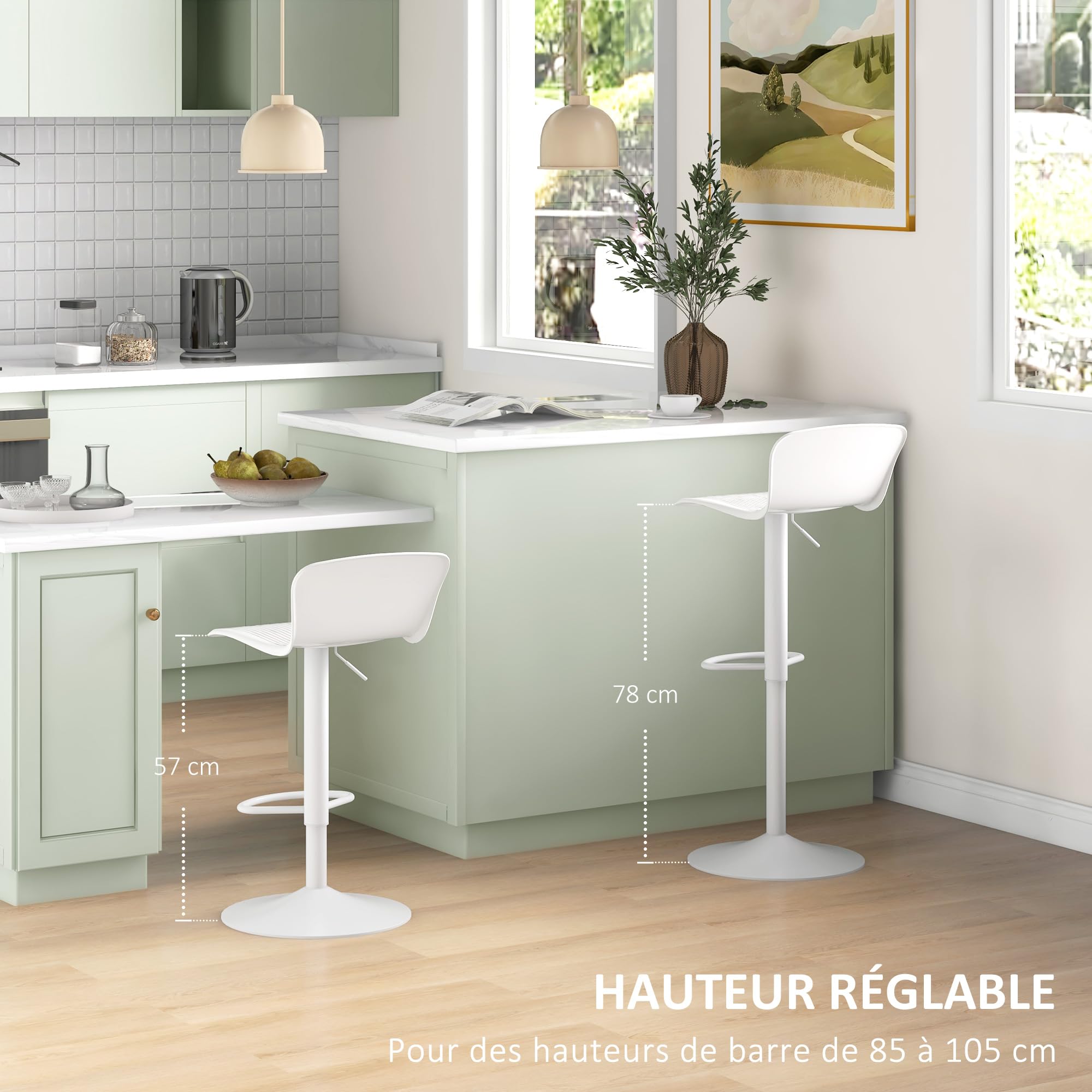 HOMCOM Set 2 Sgabelli da Bar con Schienali Ergonomici, Poggiapiedi, Sgabelli Cucina Alti Regolabili in Polipropilene con Seduta Girevole e Base Antiscivolo per Sala da Pranzo, Penisola Cucina, Bianco