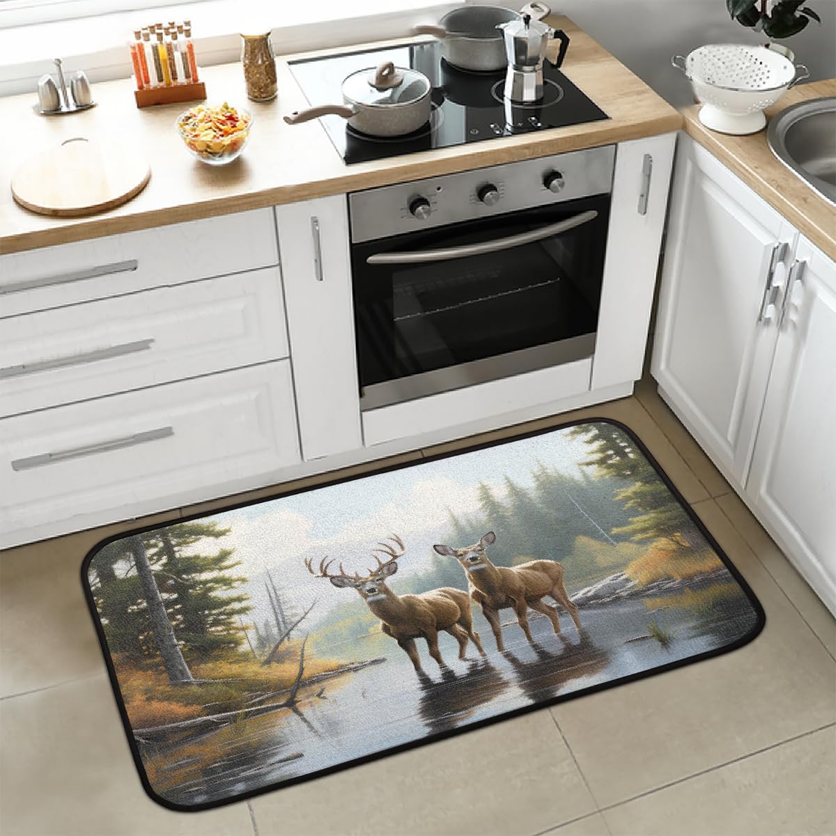 Forest Lake Animal Deer Kitchen Mats for Floor Cushioned Anti Fatigue Kitchen Rugs Decor Washable Floor Mat Non Slip Runner Rug Standing Carpet for Laundry Sink Bathroom Entryway 39 x 20 inch