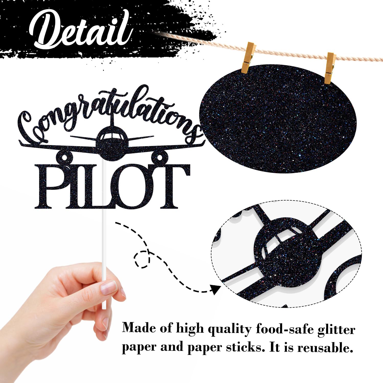 Congrats Pilot Cake Topper - Air Force Academy Graduation Decor Class Of 2025 Black Glitter