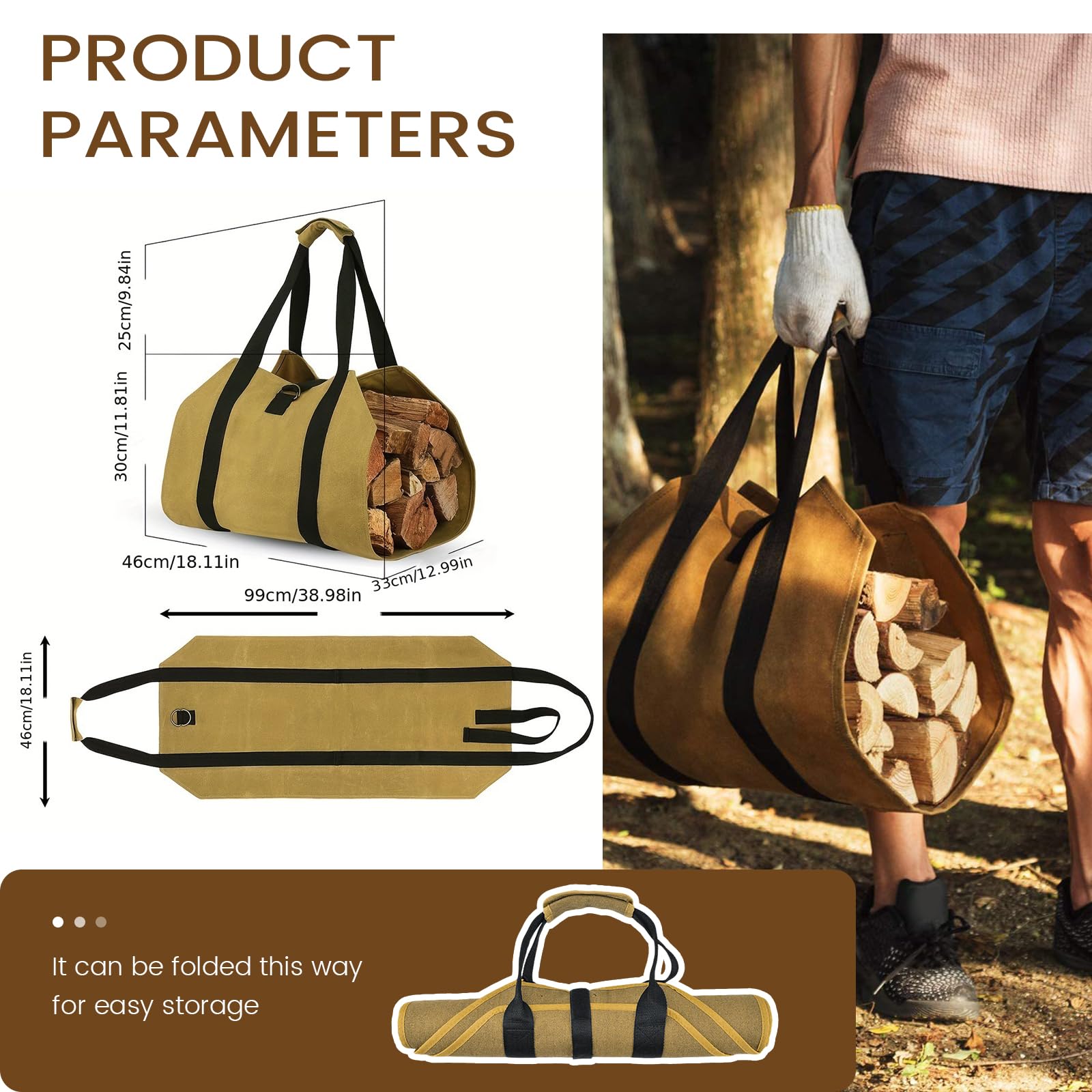 Kamin Brennholz Aufbewahrungstasche, Groß Leinwand Brennholz Log Tragetasche, Kaminholztasche Wasserdicht Outdoor, Lagerfeue, Camping, Reisen, Brown