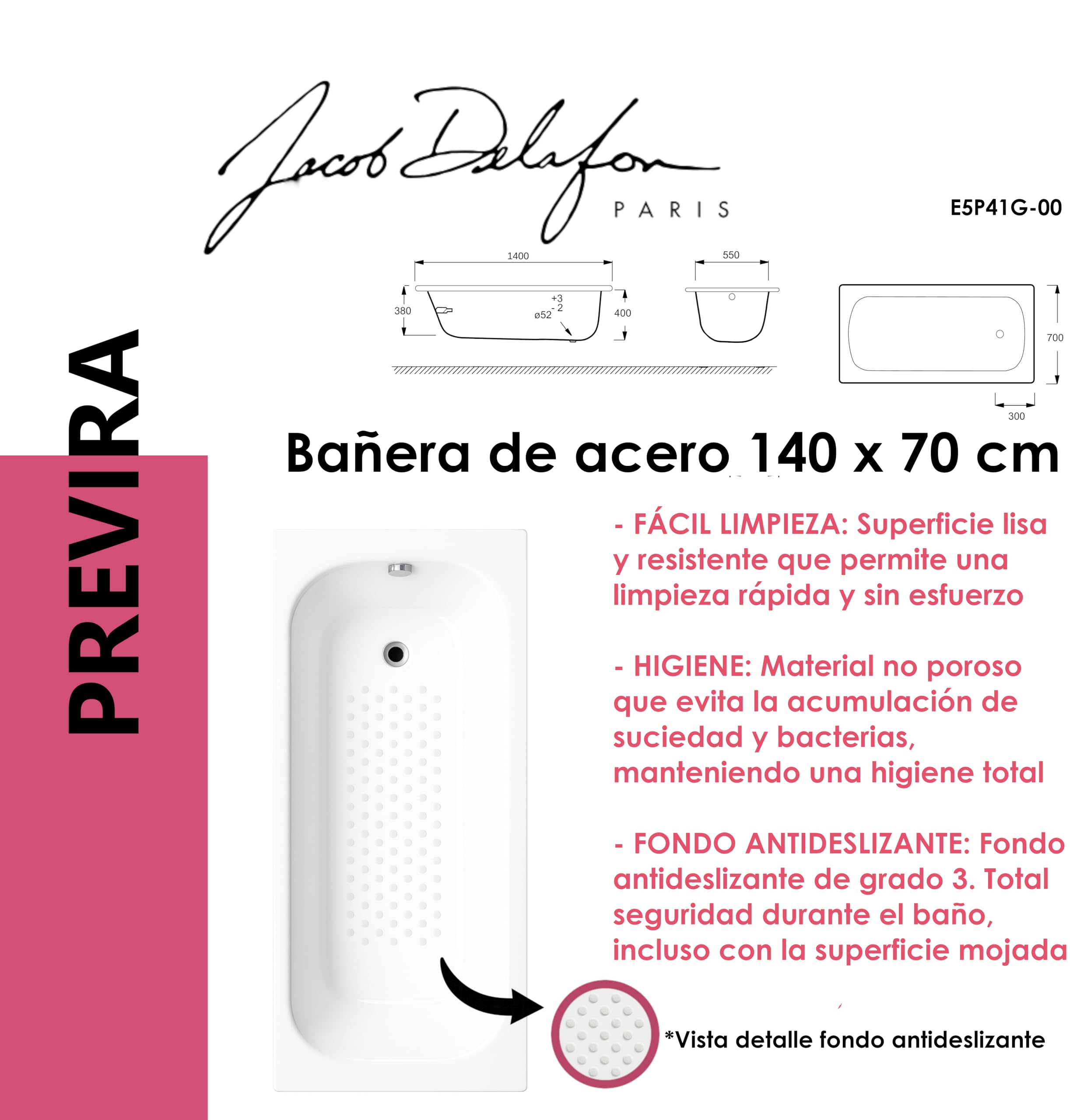 JACOB DELAFON Bañera de acero 140x70 cm rectangular PREVIRA Antideslizante Desagüe incluido Color Blanco Máxima higiene Fácil limpieza y mantenimiento E5P41G-00