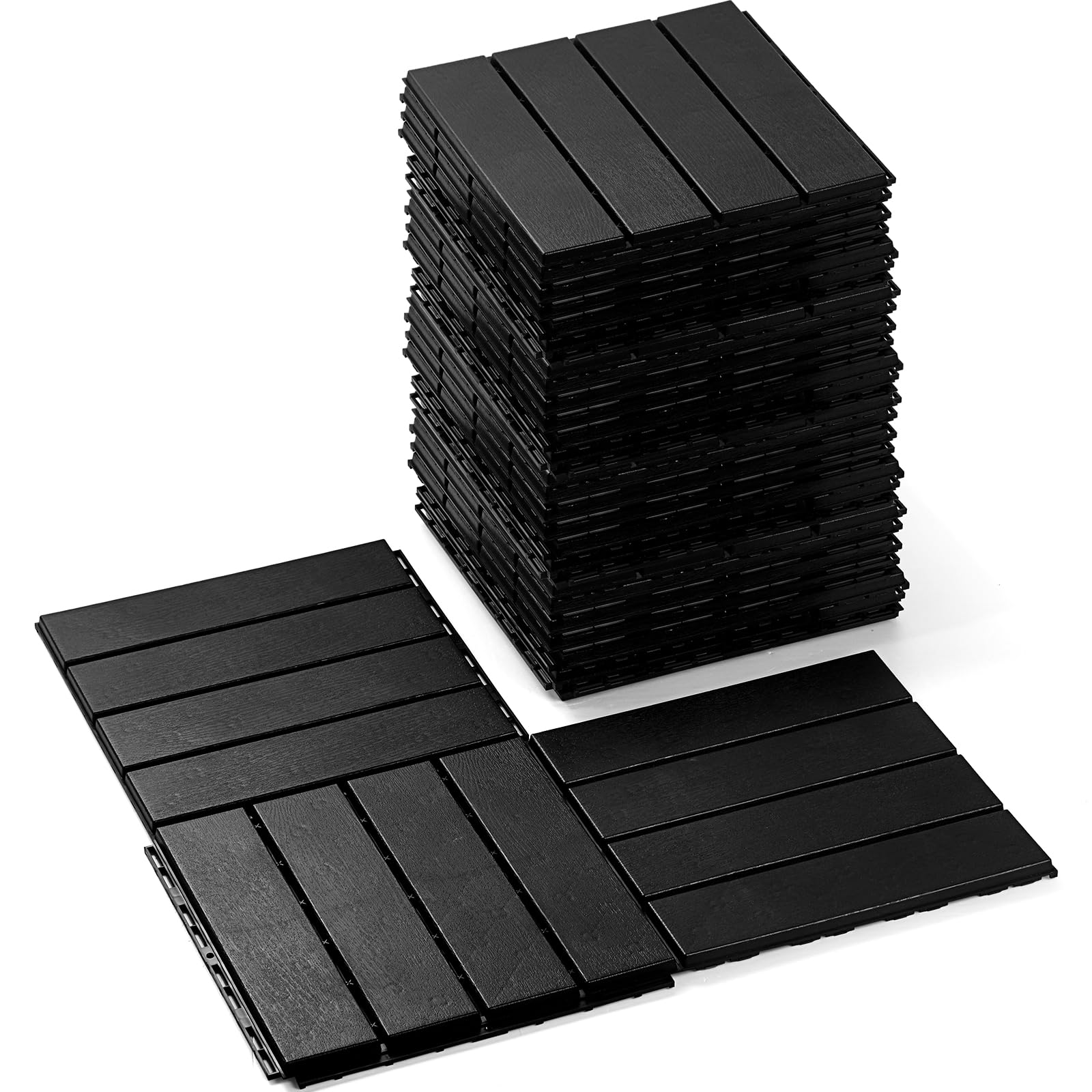 Treela 90 Pcs Plastic Interlocking Deck Tiles - 12 x 12 Inch Patio Deck Tiles Waterproof Outdoor Flooring Composite Decking Boards for Porch, Poolside, Balcony, Backyard (Black)