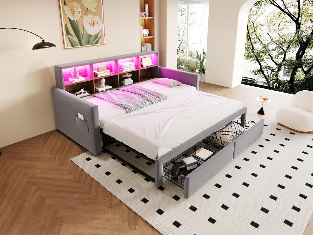 Cama Nido 180x190 con Cabecero Acolchado Sofá Cama con Almacenamiento Integrado Double Bed con 21 Lamas Carga Máxima 300 Kg Medidas Largo 204 Ancho 104 Alto 96 Cm con 2 Cajones Estudio