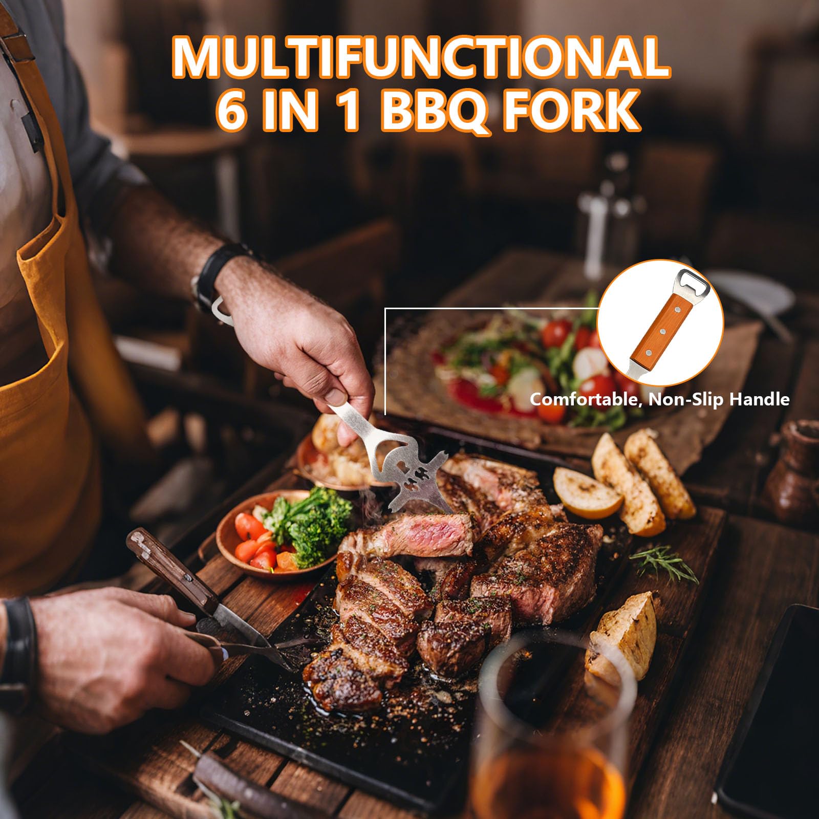 Ensemble d'Ustensiles de Barbecue Extra Longs en Acier INOX avec Poignée en Bois