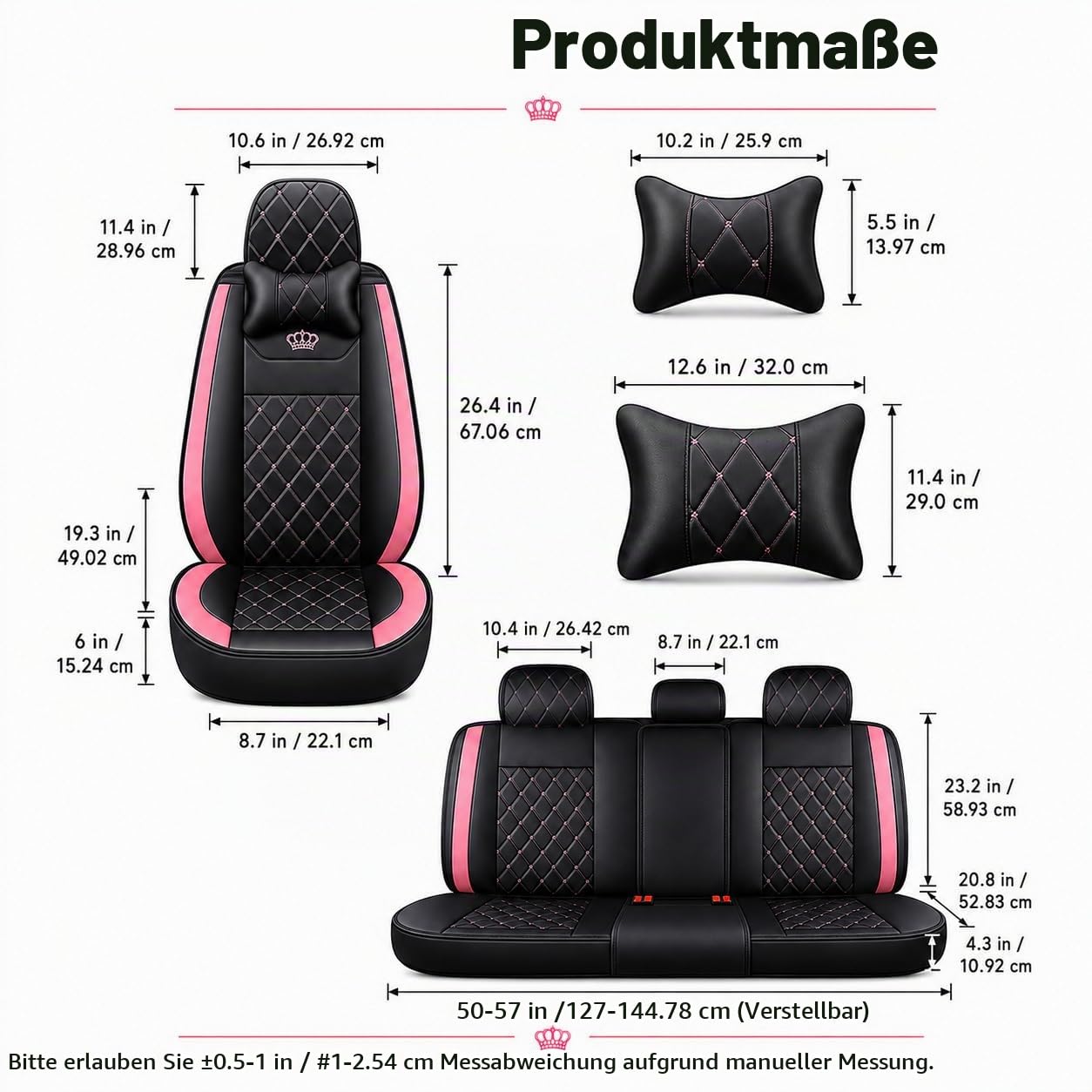 Komplettset Autositzbezüge aus atmungsaktivem Kunstleder Für Vorder- und Rücksitze inkl. Kopfstützen - reduziert Fahrermüdigkeit - passend für die meisten Pkw (Pink + schwarz, Vorder- & Rücksitze)