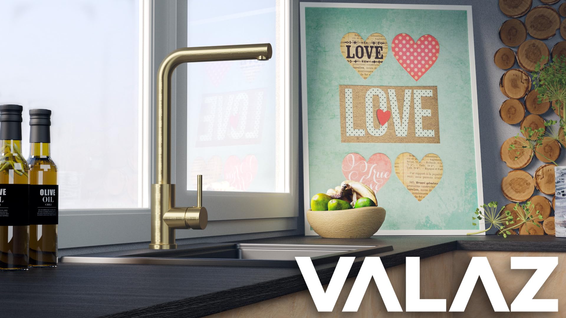 VALAZ Grifo Cocina Extraible Dorado Cepillado Protección PVD Serie Amur | Grifos Cocina Fregadero | Alta Presión, Monomando, Giratorio, Ahorro de Agua | Instalación Fácil | Latón, Acero Inoxidable