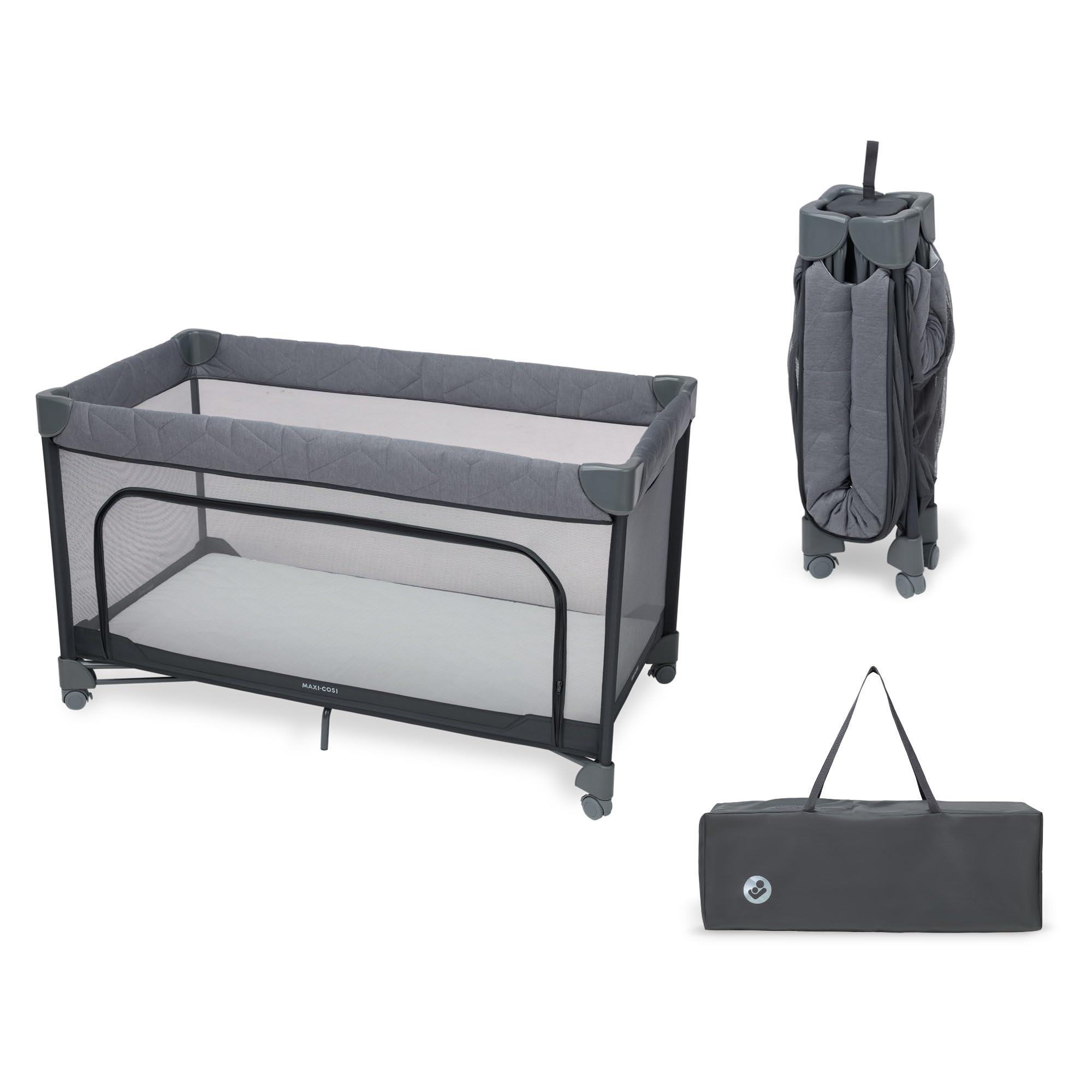 Maxi-Cosi Merlin, 2-in-1 Travel Cot & Play Area, 0-4 Years, up to 18 kg, Baby & Toddler Travel Bed, 1-Second Fold, 120x60 cm CloudCore Mattress, Side Entry Window, 4 Wheels, Elegance Graphite