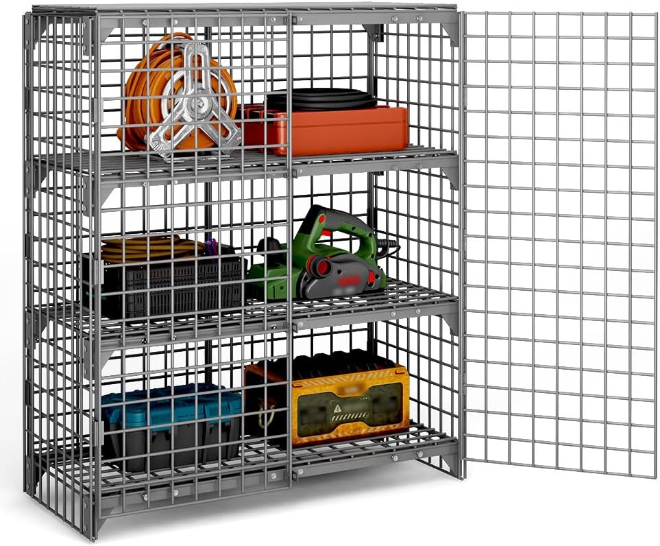 Yeeoy Commercial Wire Mesh Security Cage with 2 Door, Large Metal Roll Cage with 4 Shelves, Industrial Wide-Span Security Cage, Bulk Storage Locker for Warehouse Restaurant, 49" W x 25" D x 60" H