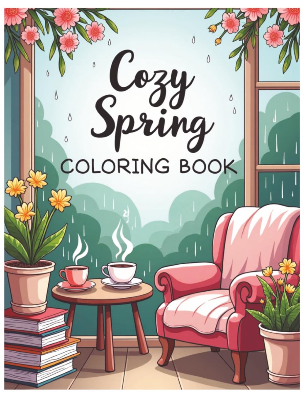 Cozy Spring Coloring Book: Bold and Easy Hygge Scenes with Rainy Reading Nooks, Garden Corners, Cottage Kitchens, and Relaxing Spring Moments for Adults and Teens