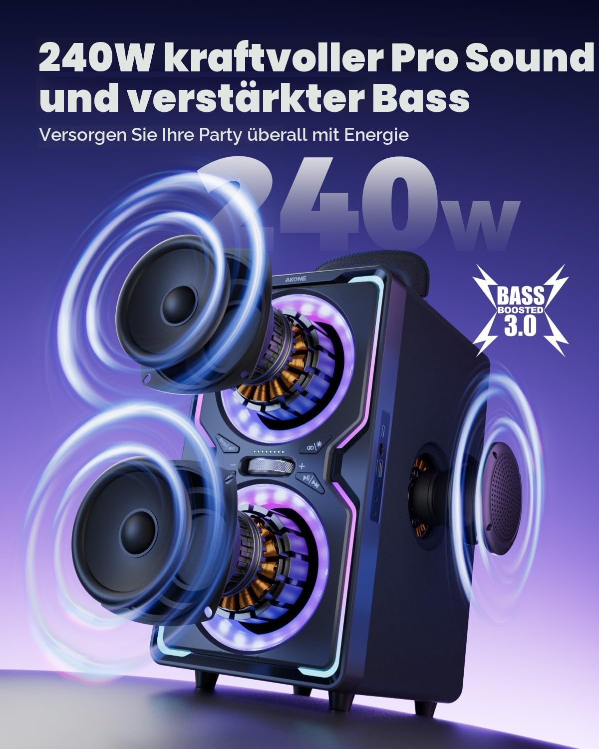 AKONE Party Bluetooth Lautsprecher, 240W Musikbox Bluetooth Groß, Loud Sound Partybox, Natur Super Bass,15H,TWS, Bunte LED-Lichtshow, Soundbox für Party, Camping, Beach, Backyard, Home
