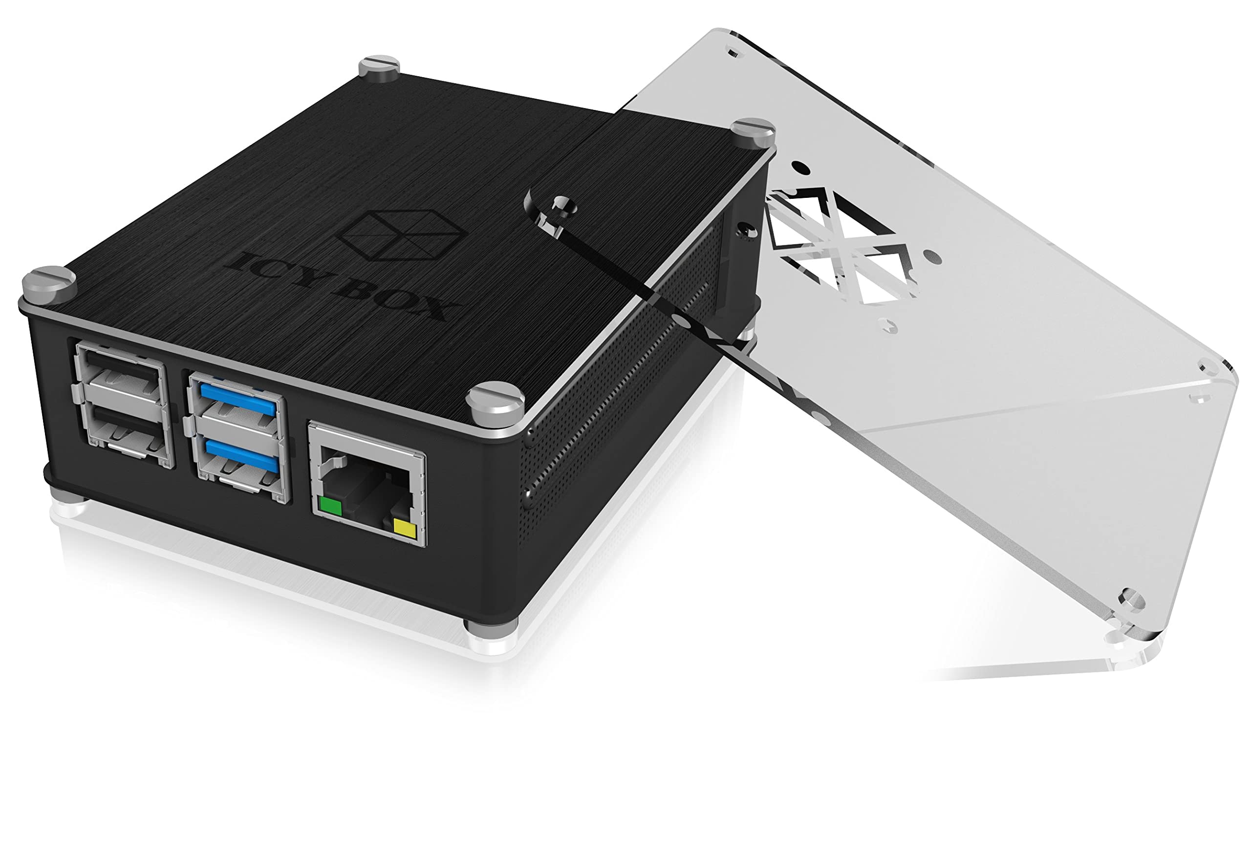 ICY BOX Raspberry Pi 4 Gehäuse – Aluminium/Acryl Wechselbar, Mit Kühlkörper & Luftdurchlässigem Gitter