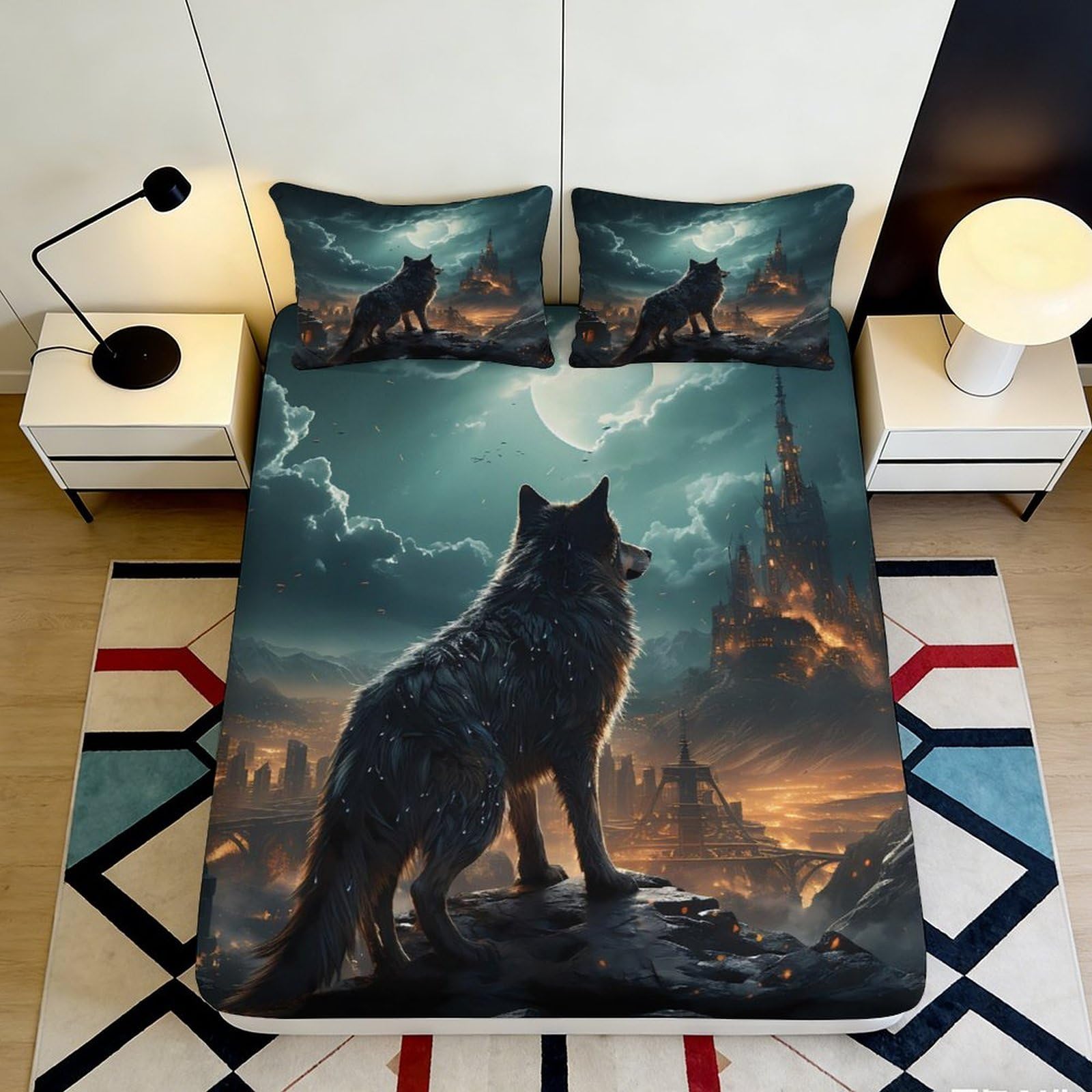 3D Printed Wolf Moon Fitted Sheet Microfiber Anti-Slip Castle Night Mattress Cover Machine Washable for Bedroom Decor 90x200x25cm