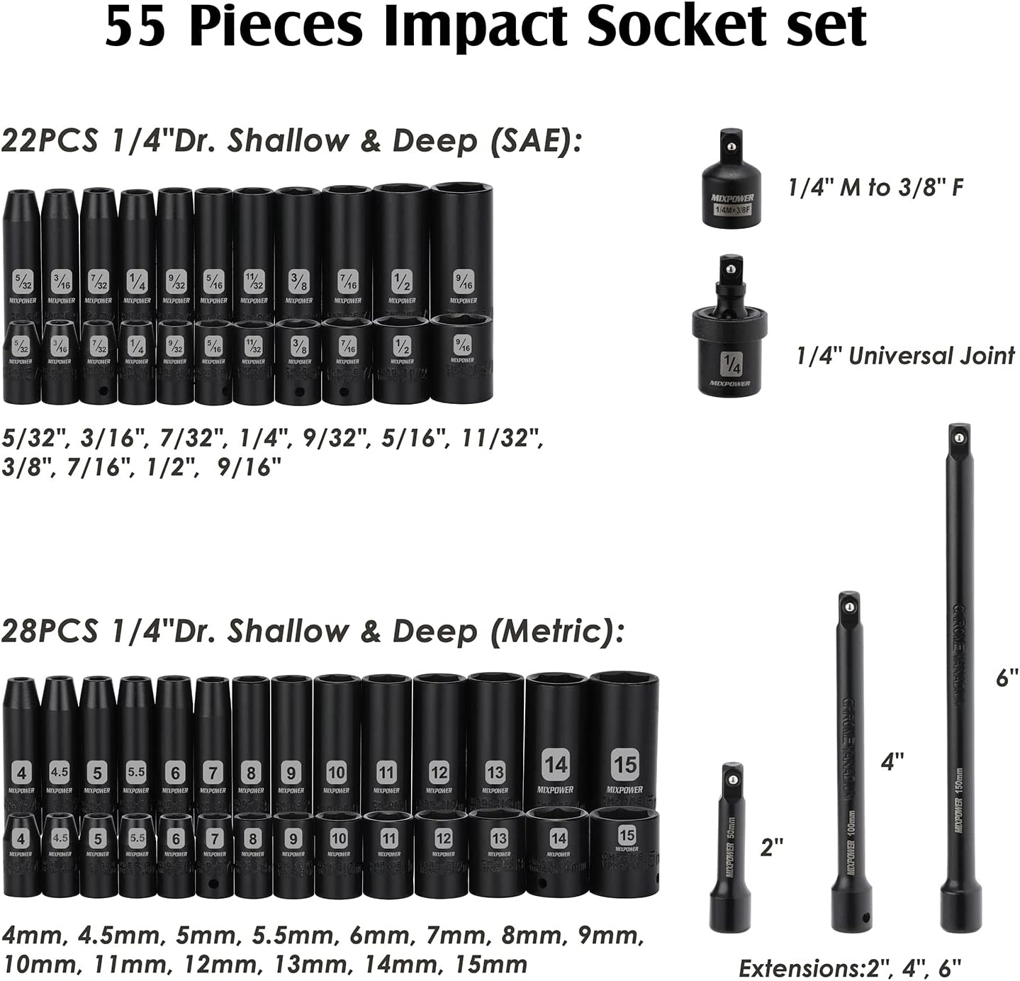 MIXPOWER 55 Pieces 1/4" Dr. Impact Socket Set, CR-V, 6 Point, SAE/Metric, 5/32 Inch - 9/16 Inch, 4mm - 15mm, Shallow/Deep, Including Adapter, Extension, Universal Joint