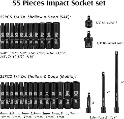 Miniatura 3 de MIXPOWER Juego de 55 llaves de impacto Dr. de 14 pulgadas, CR-V, 6 puntos, SAEmétrico, 532 pulgadas - 916 pulgadas, 0.157in - 0.591in, poco