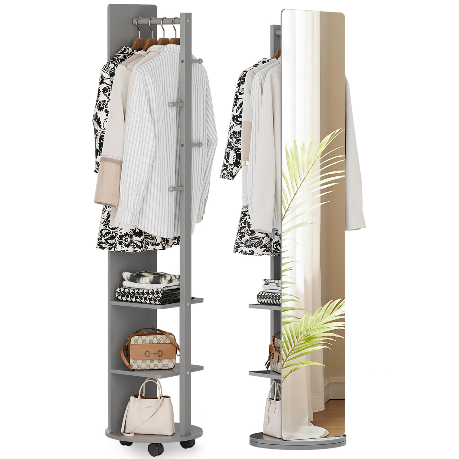 Warmiehomy 39X170cm Full Length Mirror with Coat Rack, 360° Solid Wood Swivel Freestanding Floor Long Mirror for Bedroom, Living Room, Cloakroom(Grey)