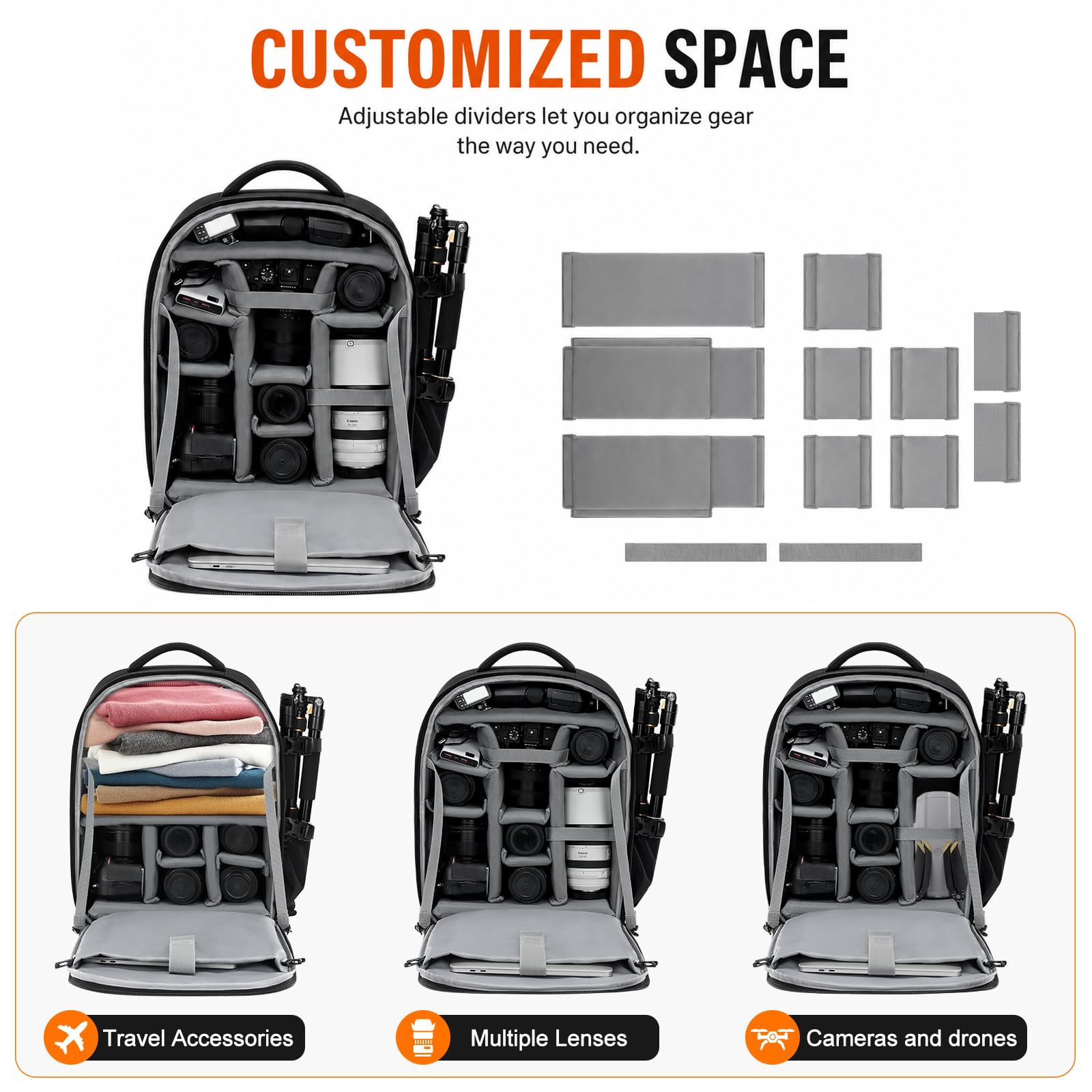 CADeN Sac à dos pour appareil photo - Imperméable - Compatible avec Sony, Canon, Nikon