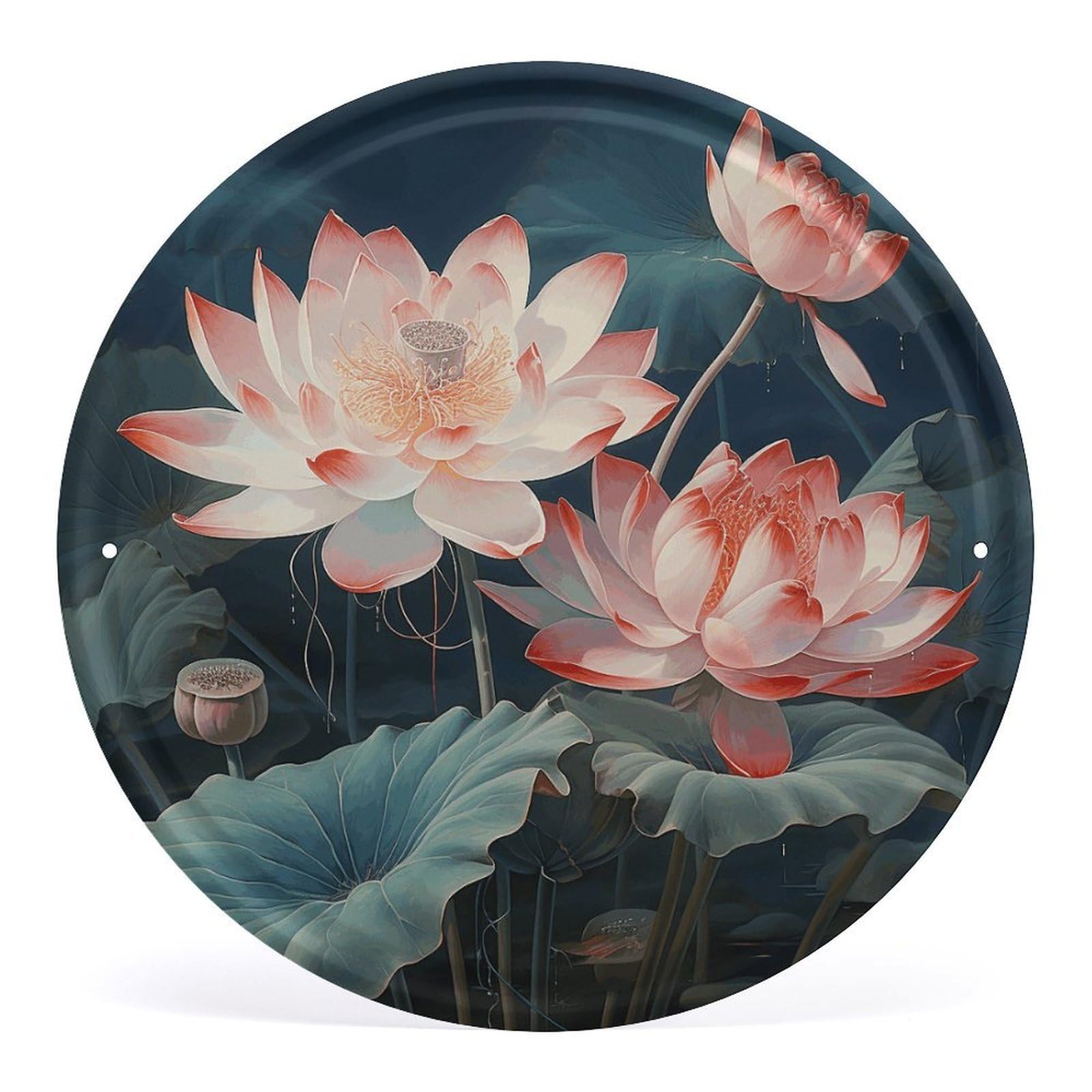 Fodpand Style Dragonfly And Lotus Round Wall Art Hanging Decorations, Wall Decor Modern Minimalist Artwork, Tin Sign Hanging Picture For Living Room, Bedroom, Office, Hallway, 11.8X11.8 Inch