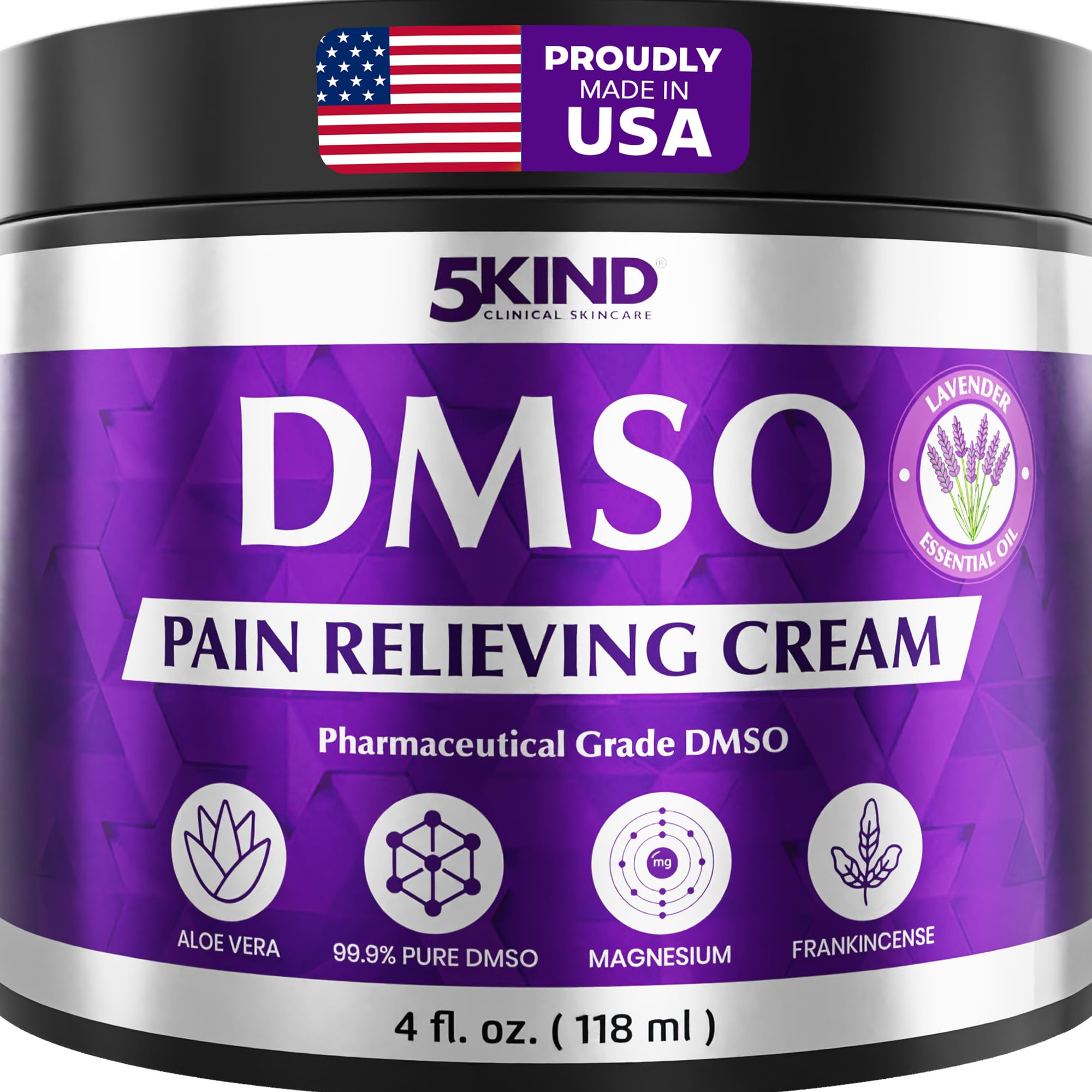 5Kind DMSO Cream for Pain Relief with Frankincense & Lavender 4 fl oz - 99.9% Pure DMSO Pharmaceutical Grade Cream - Aloe Vera, Magnesium & Arnica -