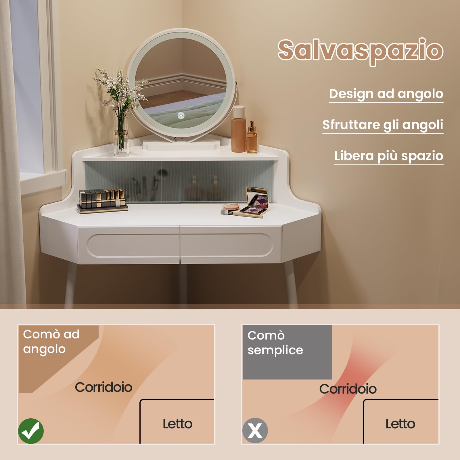 WOLTU Toeletta ad Angolo con Luce, Specchio Dimmerabile, Tavolo da Toilette, 2 Cassetti, 1 Ripiano con Divisorio in Vetro, Tavolino Salvaspazio, Gambe in Metallo, Bianco
