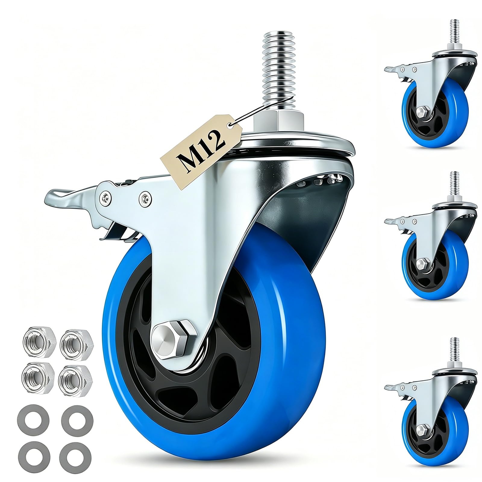100MM Ruedas para Muebles Pesados con Vástago Roscado M12 x 1,75x 30mm, Juego de 4 Ruedas Giratorias con Freno Hasta 500kg, Ruedas Pivotantes Ruedas Industriales Giratorias 360°
