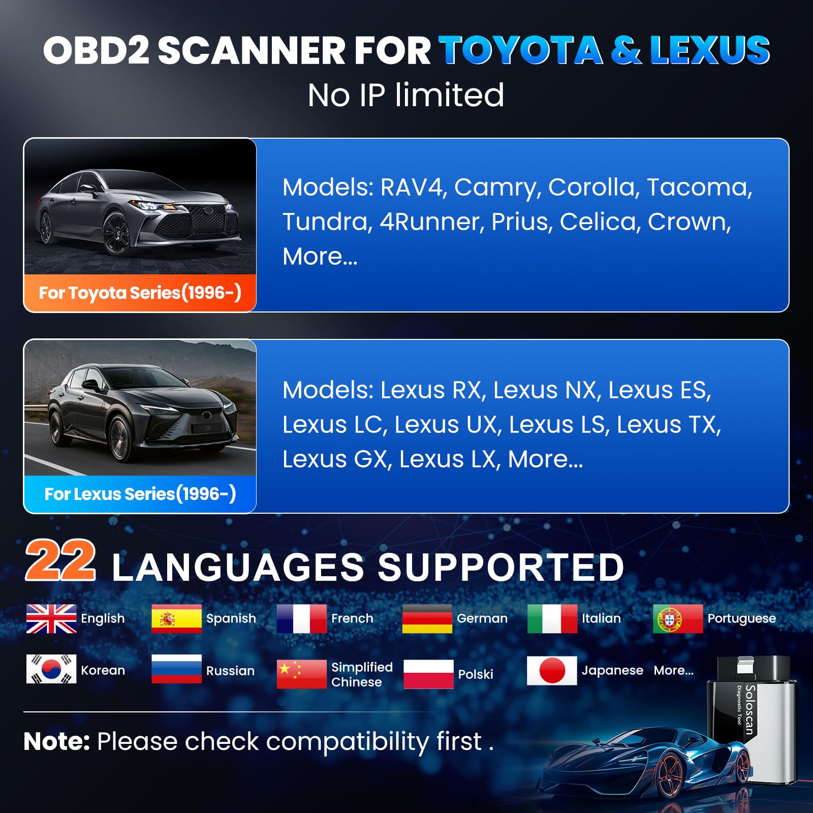 KINGBOLEN Soloscan OBD2 Diagnosegerät für Toyota/für Lexus, Alles System Kfz Diagnosegerät Mit 50+ Reset-Funktion,Bi-direktionale,Aktiver Test,ECU-Codierung, Lebenslanges kostenloses Update