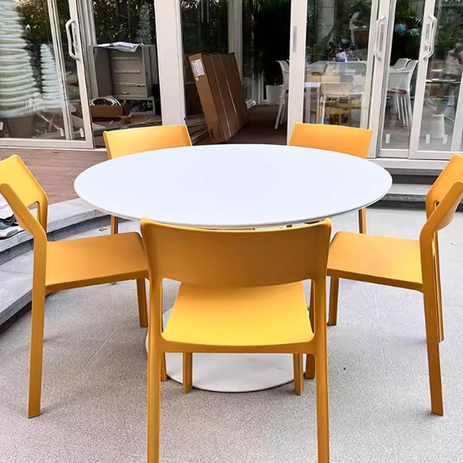 5-Piece Indoor Outdoor Round Metal Patio Dining Table Set with Stackable Side Chairs(G)