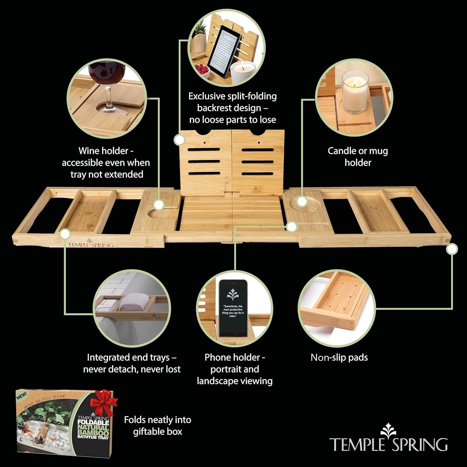 Temple Spring Vassoio da Bagno Pieghevole, Mensola in Legno Estensibile per Vasca, Tavola Spa per Adulti, Caddy da Vasca, Set Accessori Bagno in Bambù – Naturale