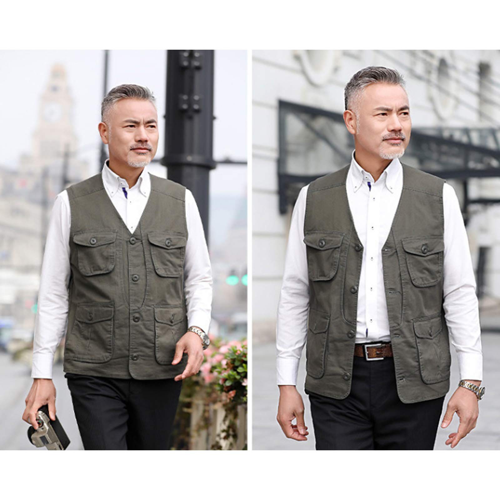 Chaleco de trabajo con múltiples bolsillos para hombre, chaleco de pesca al aire libre, chaleco de camping, ropa de abrigo sin mangas, para viajes, fotografía chaleco verde ejército-3XL