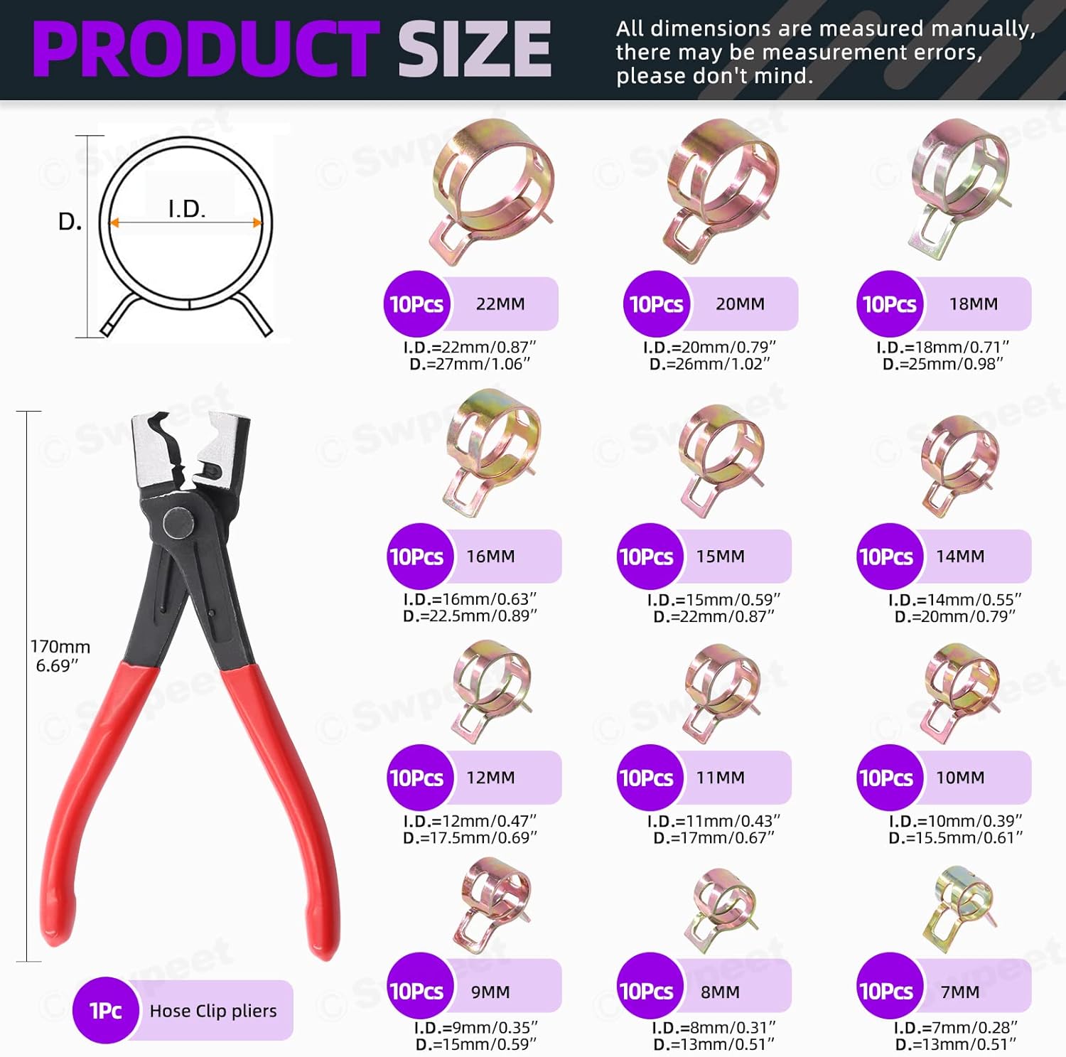 Swpeet 121Pcs 7-22mm Spring Band Hose Clamps with CV Boot Hose Clip Pliers Assortment Kit, Silicone Vacuum Hose Action Pipe Clamp Low Pressure Air Clip
