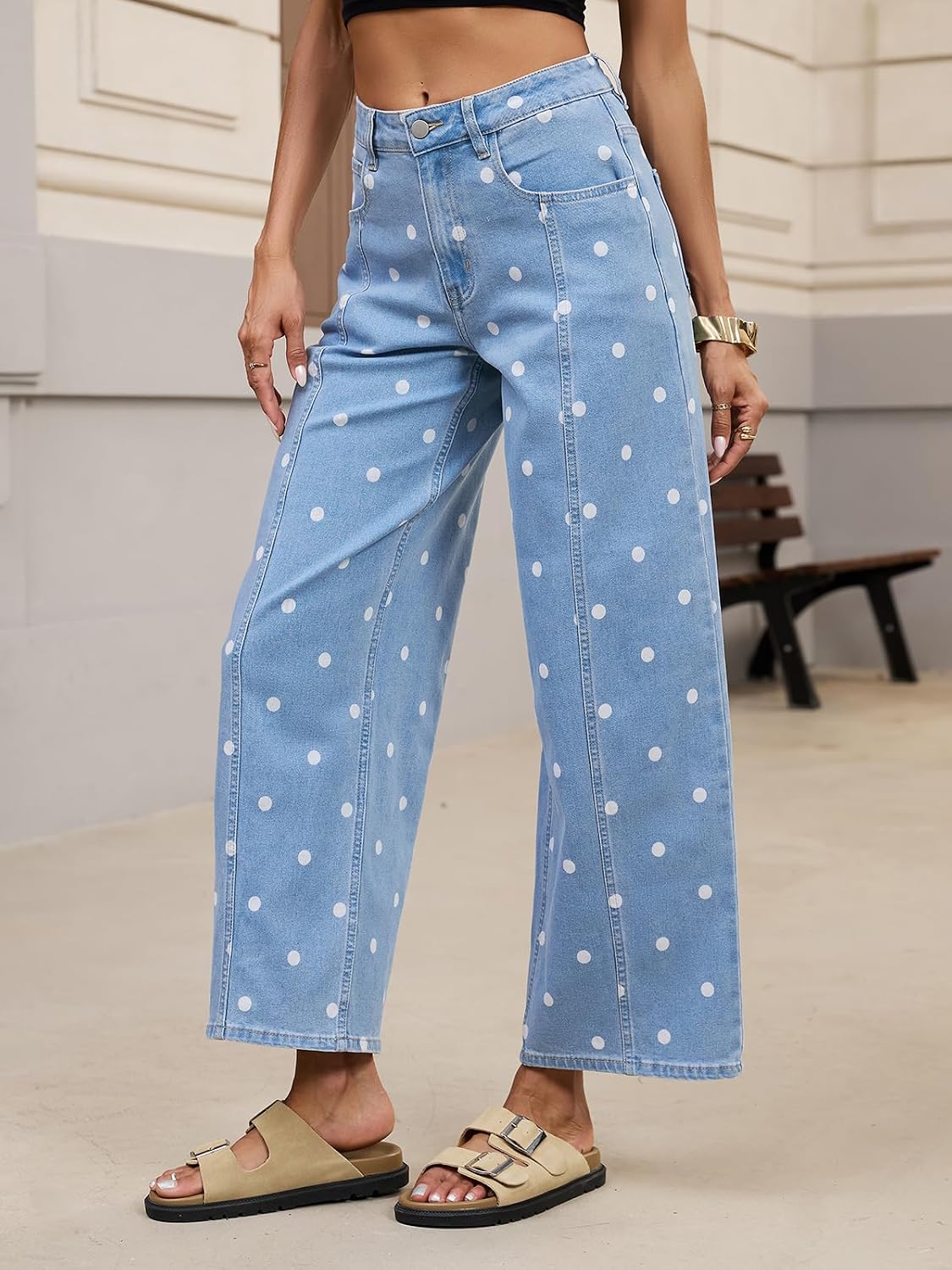 Kedera Women's Polka Dot Barrel Jeans Boyfriend Y2K Casual Wide Leg Mid Rise Pattern Denim Pants
