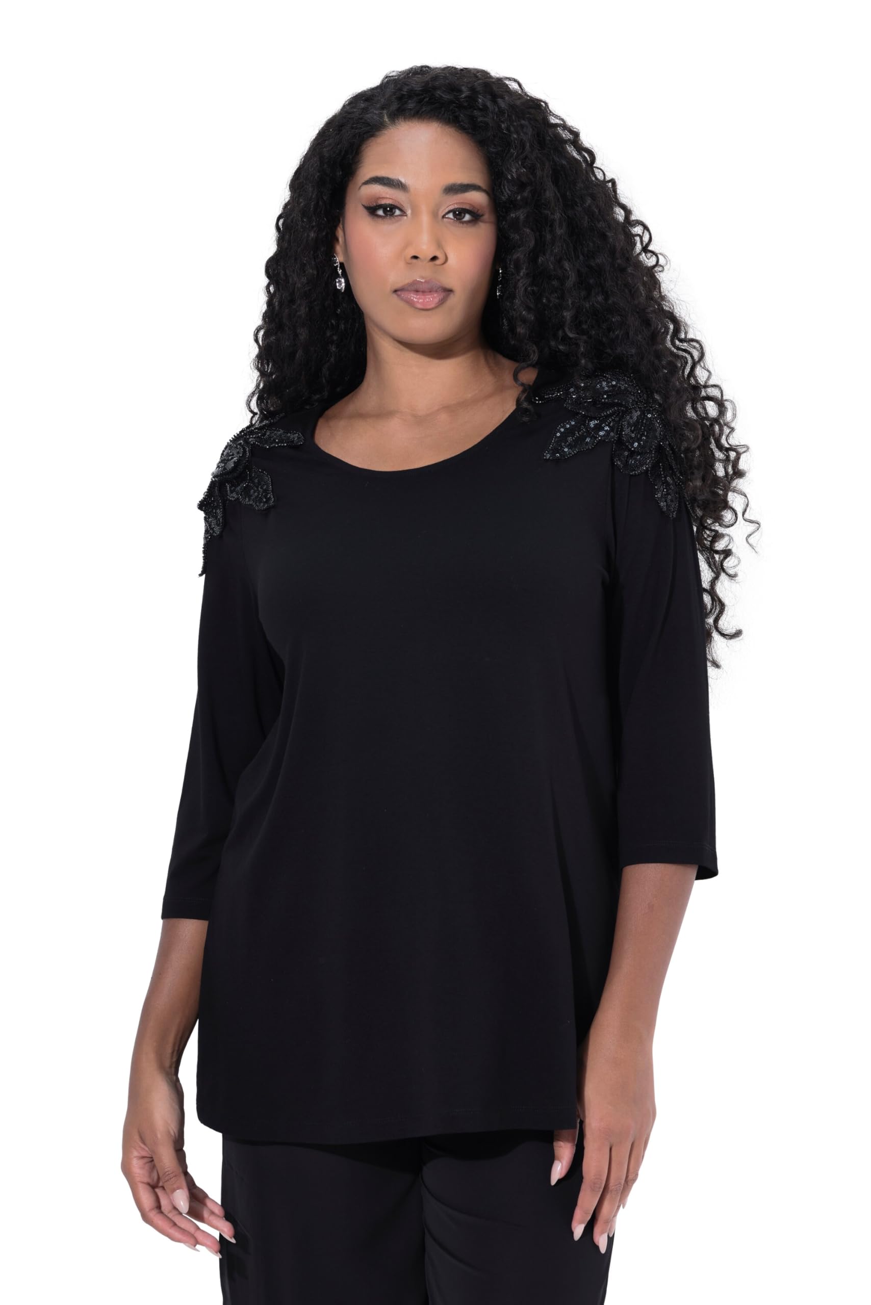Ulla Popken Damen große Größen Übergrößen Plus Size Shirt, Pailletten-Blüten, A-Linie, Rundhals, 3/4-Arm 842687